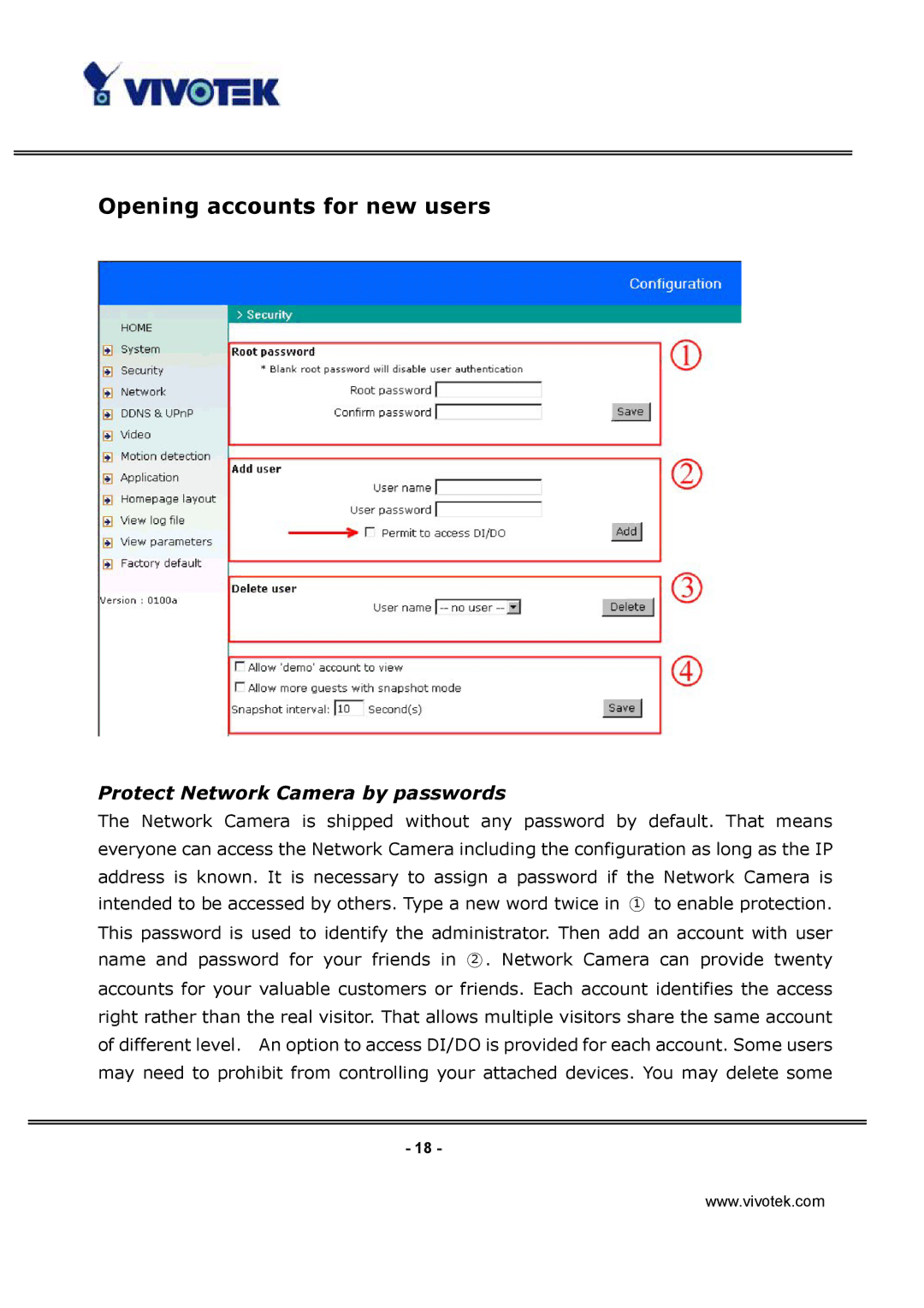 Vivotek IP3112, IP3122 manual Opening accounts for new users, Protect Network Camera by passwords 