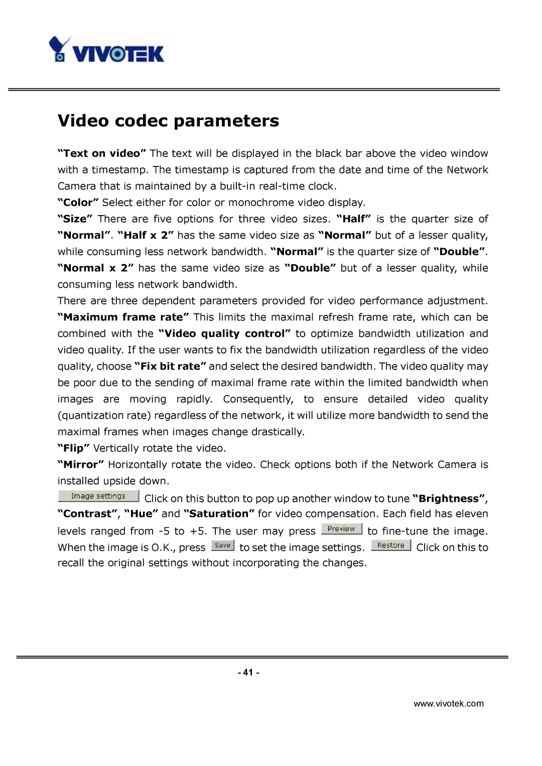 Vivotek IP3122, IP3112 manual Video codec parameters 