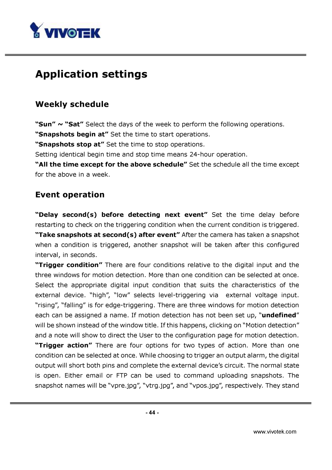 Vivotek IP3112, IP3122 manual Application settings, Weekly schedule, Event operation 