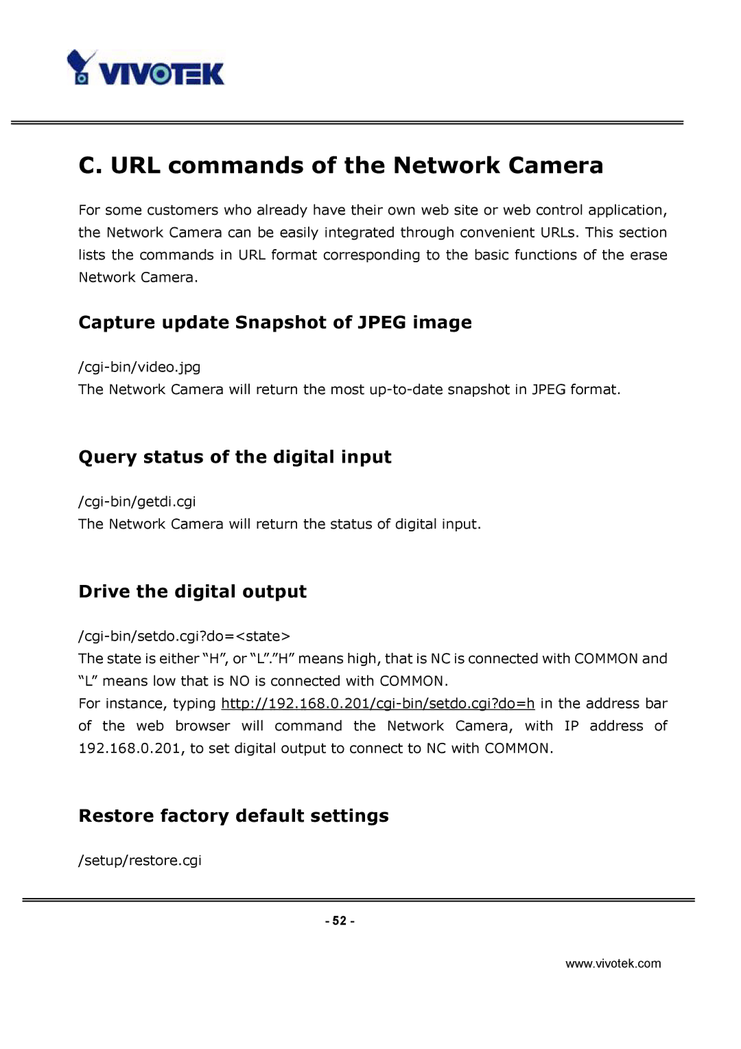 Vivotek IP3112, IP3122 URL commands of the Network Camera, Capture update Snapshot of Jpeg image, Drive the digital output 