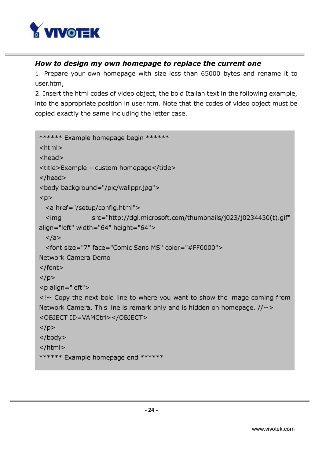 Vivotek IP3132 manual How to design my own homepage to replace the current one 