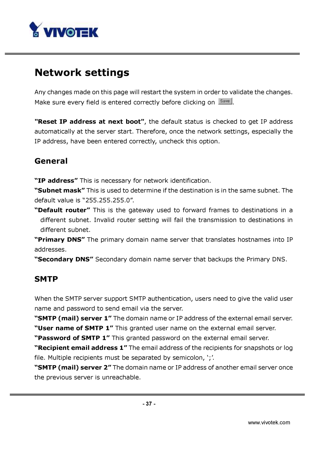 Vivotek IP3132 manual Network settings, General 