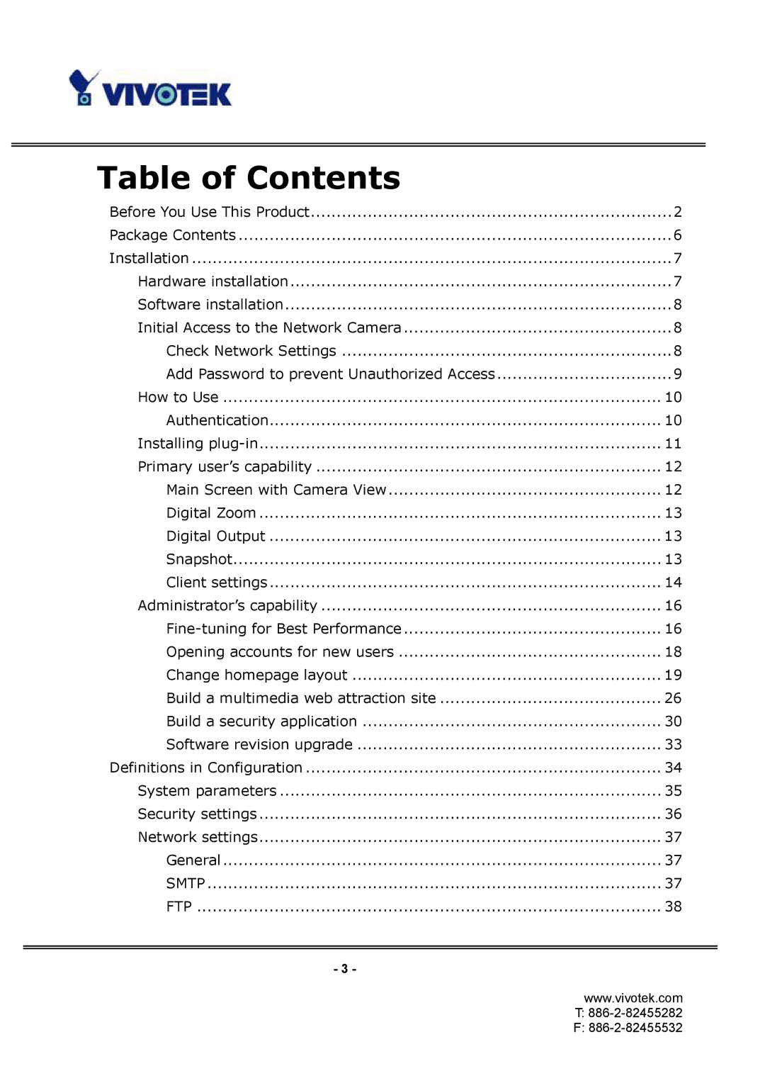 Vivotek IP3132 manual Table of Contents 