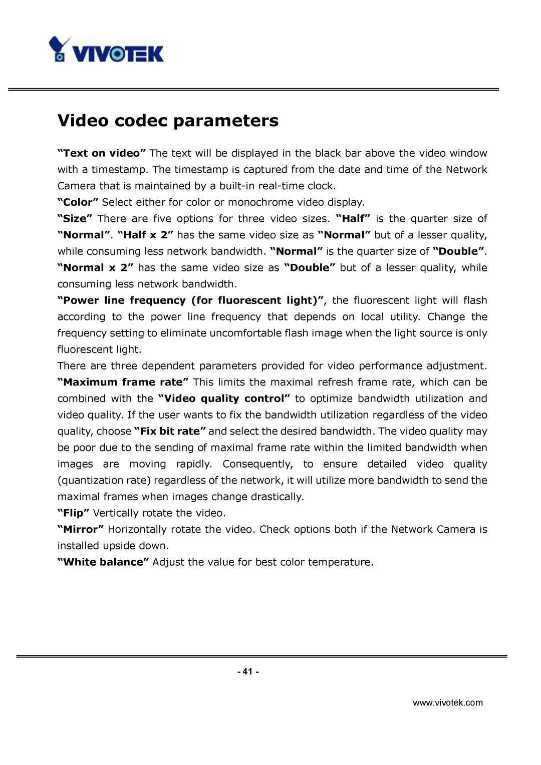 Vivotek IP3132 manual Video codec parameters 