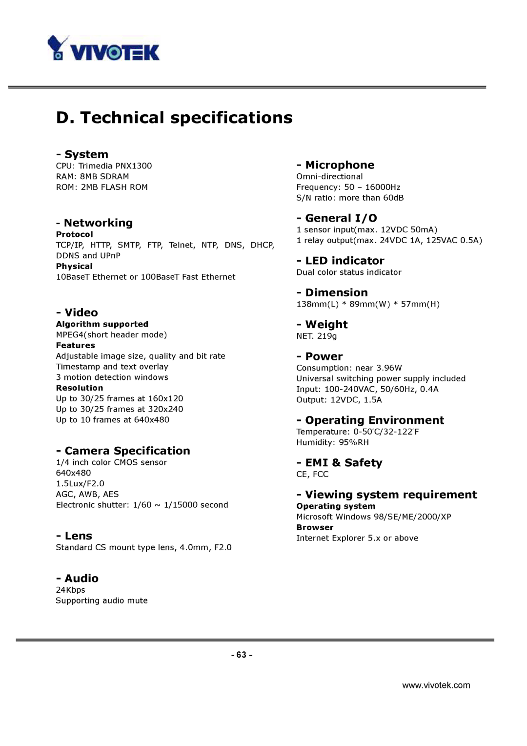 Vivotek IP3132 manual Technical specifications, System Microphone 