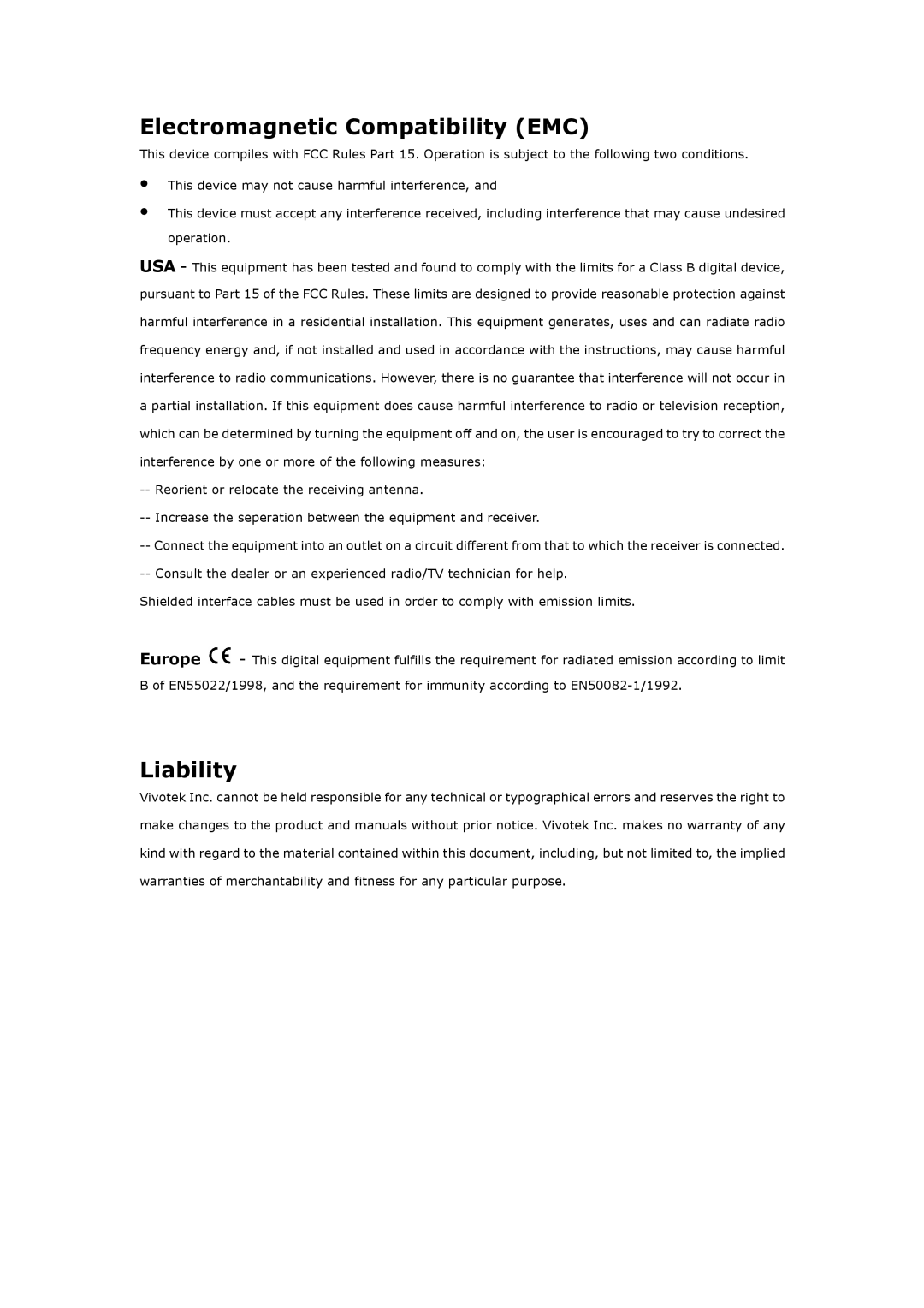 Vivotek IP3132 manual Electromagnetic Compatibility EMC, Liability 