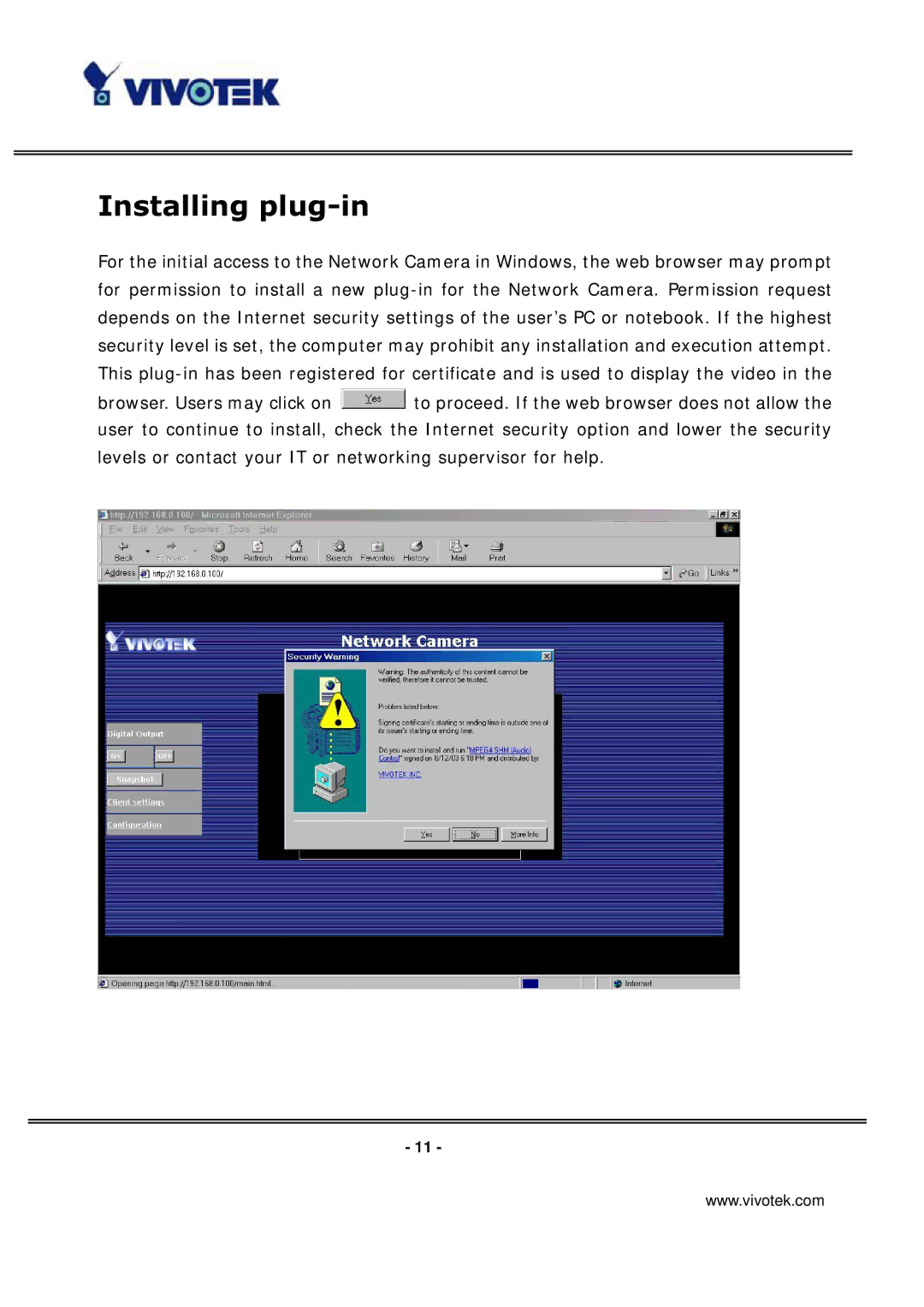 Vivotek IP3133 manual Installing plug-in 