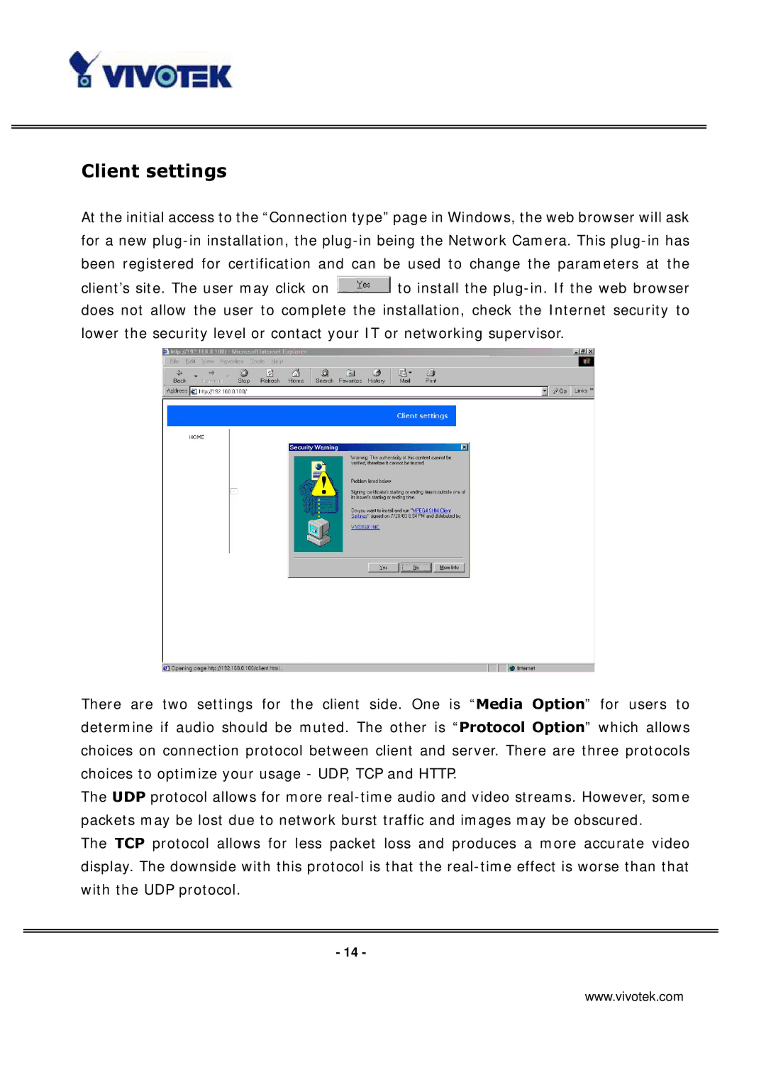 Vivotek IP3133 manual Client settings 