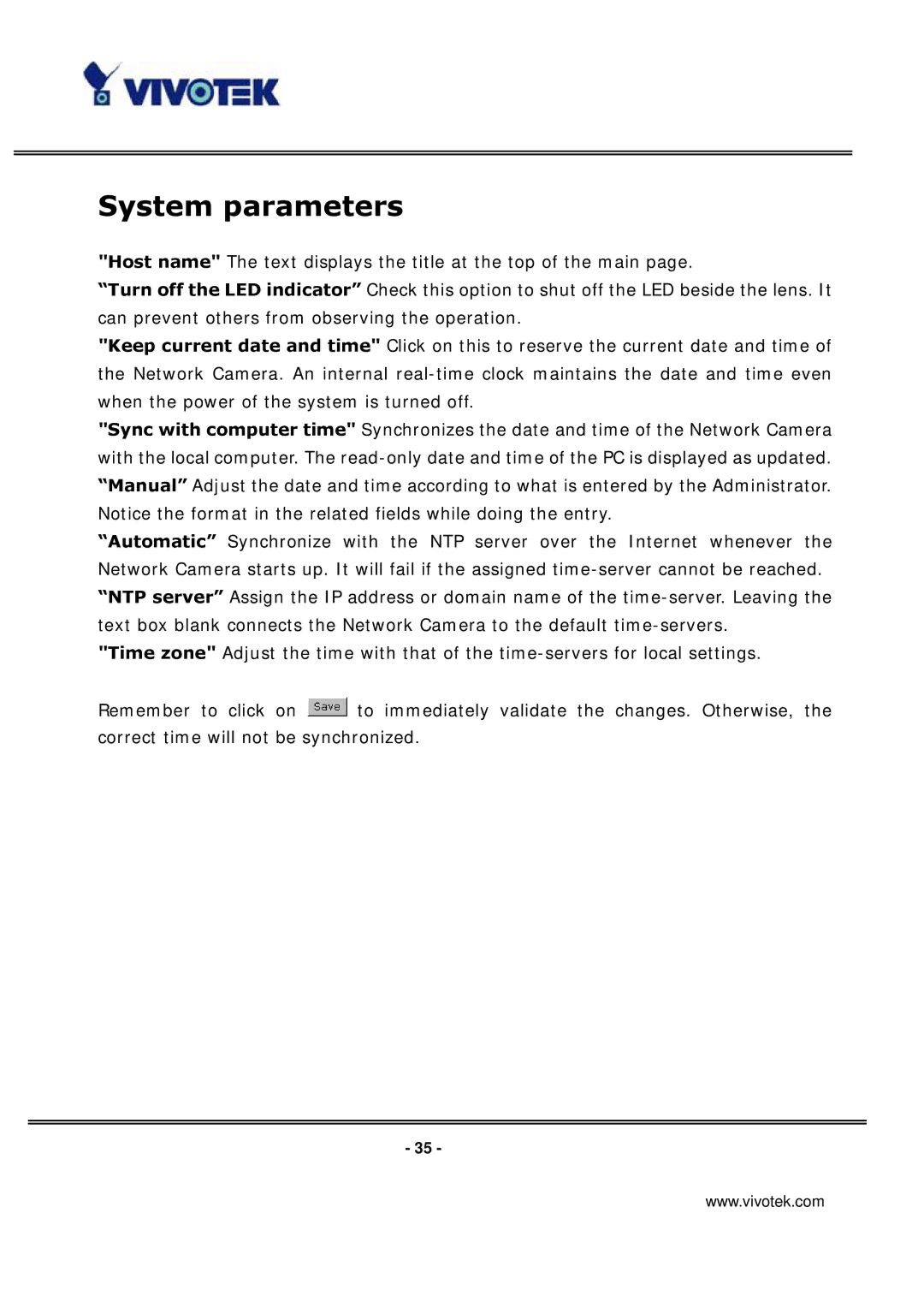 Vivotek IP3133 manual System parameters 