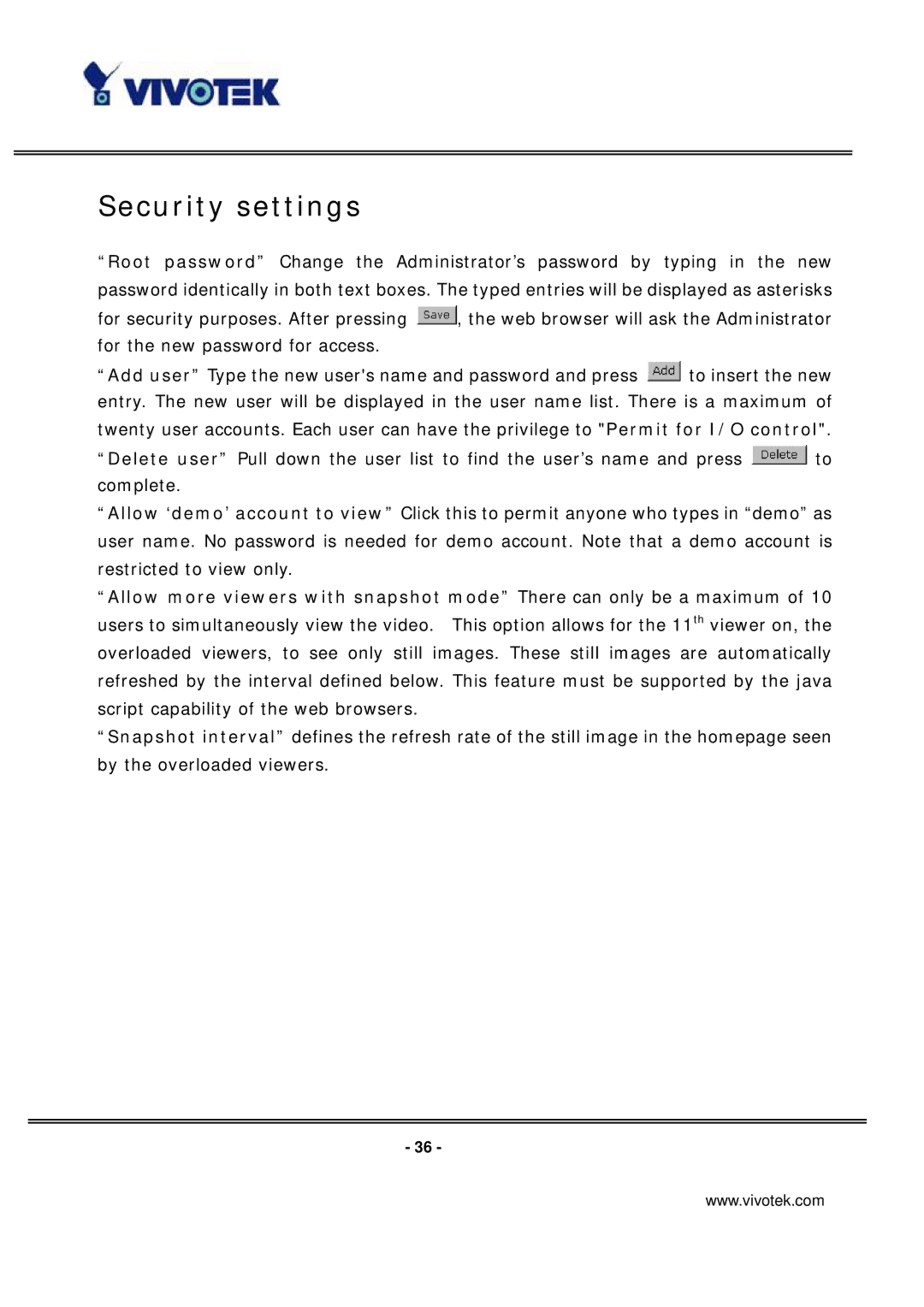 Vivotek IP3133 manual Security settings 