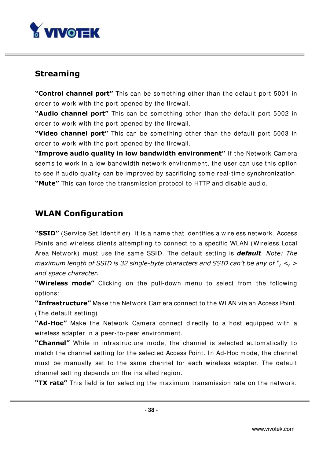 Vivotek IP3133 manual Streaming, Wlan Configuration 