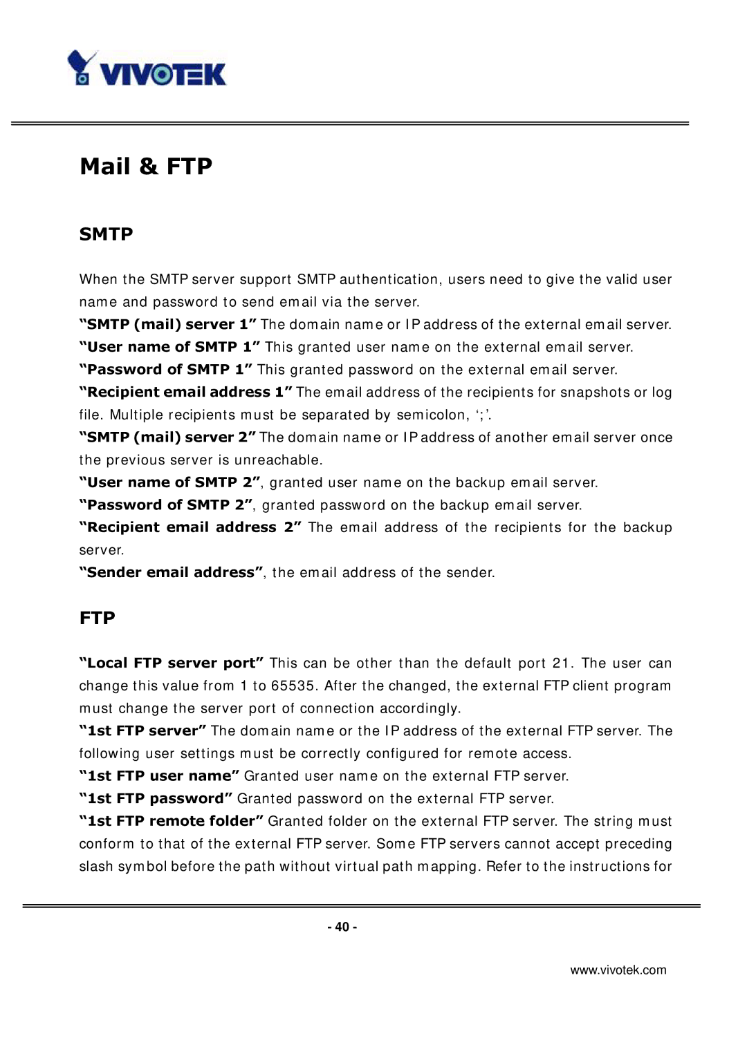 Vivotek IP3133 manual Mail & FTP, Smtp 