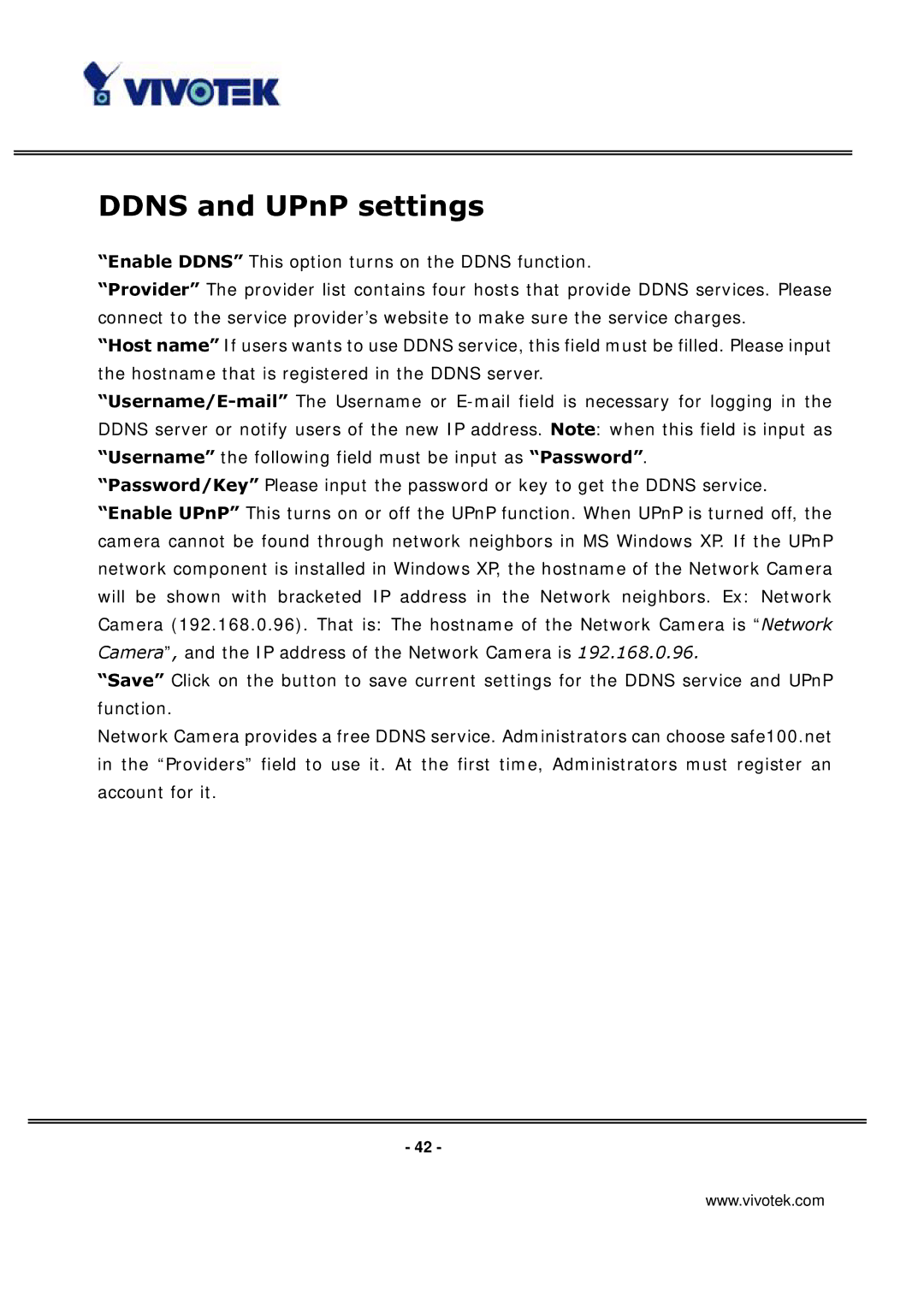 Vivotek IP3133 manual Ddns and UPnP settings 