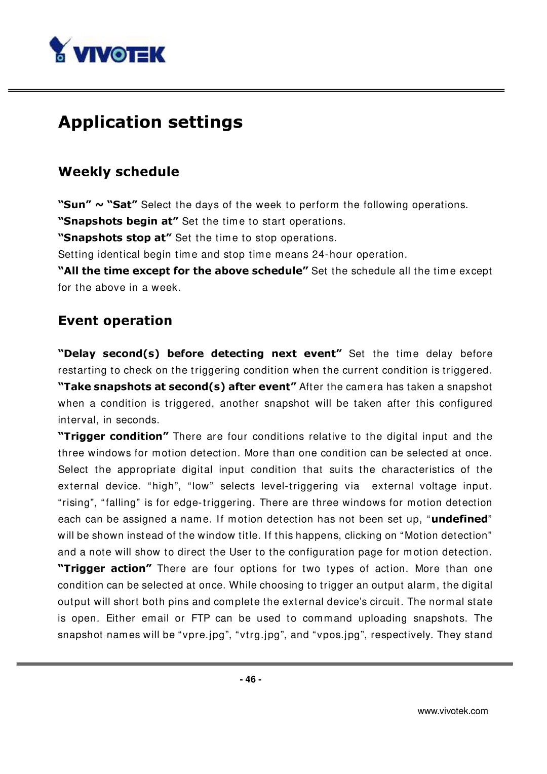 Vivotek IP3133 manual Application settings, Weekly schedule, Event operation 