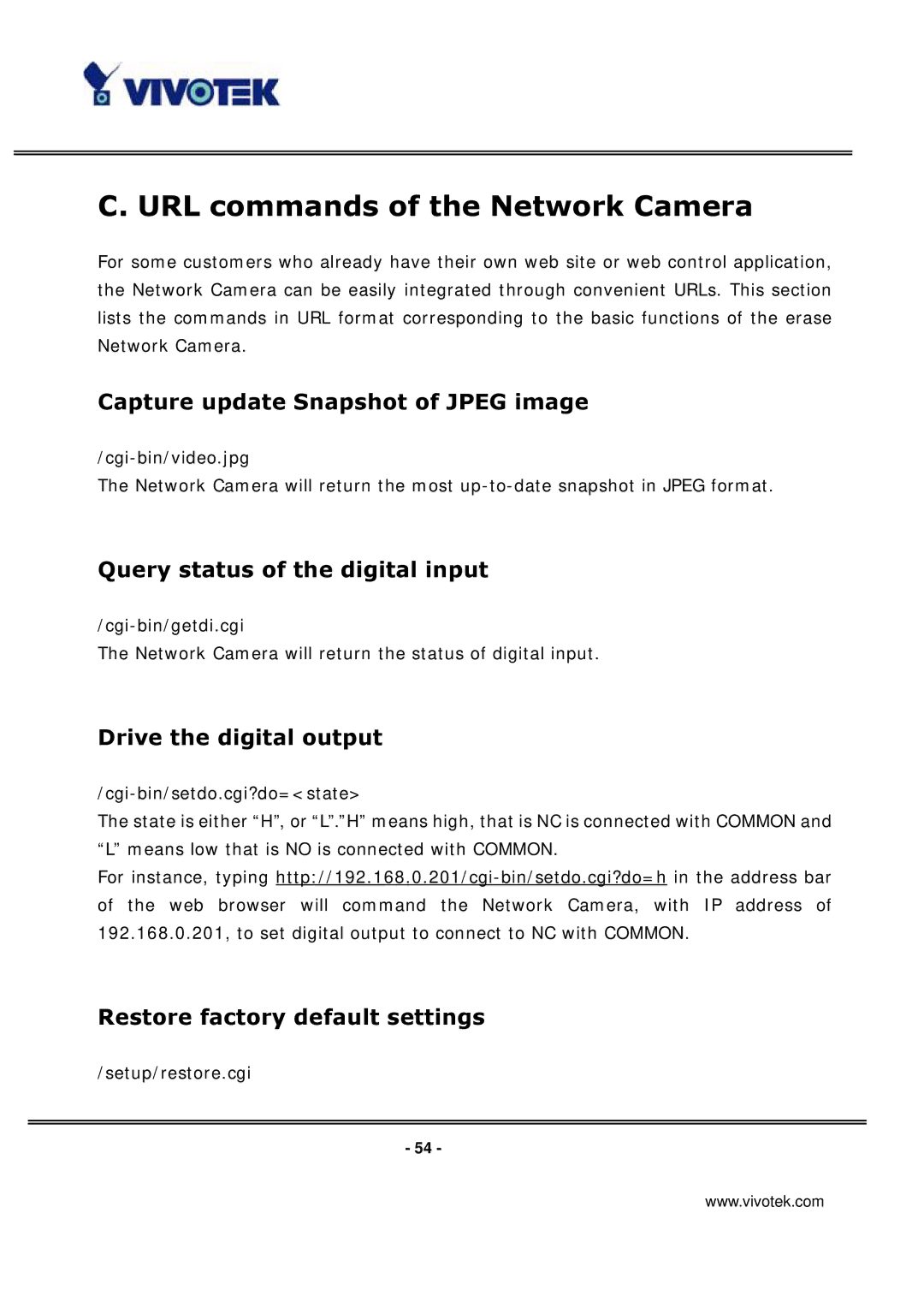 Vivotek IP3133 manual URL commands of the Network Camera, Capture update Snapshot of Jpeg image, Drive the digital output 