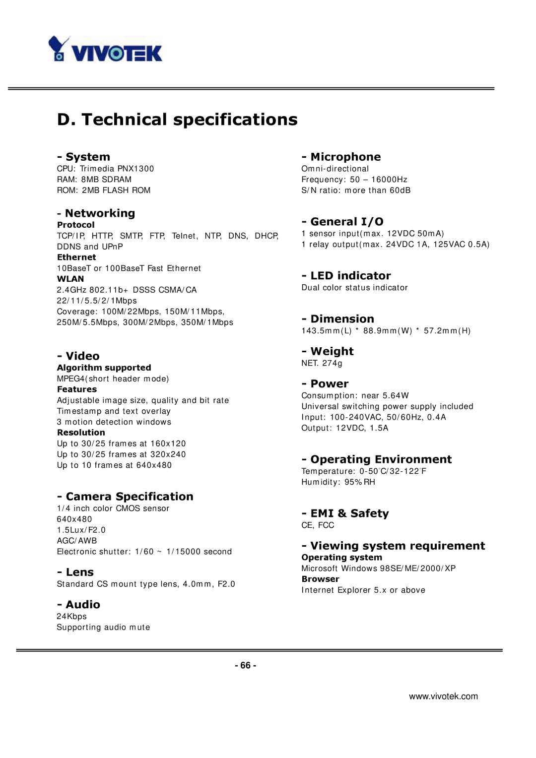 Vivotek IP3133 manual Technical specifications, System Microphone 