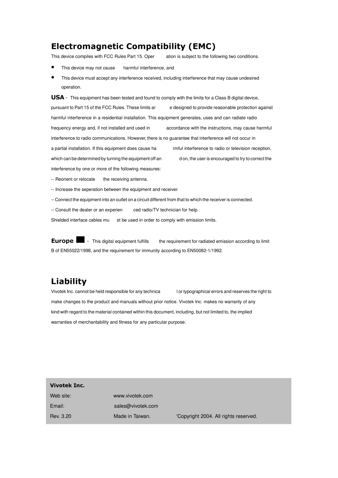 Vivotek IP3133 manual Electromagnetic Compatibility EMC, Liability 