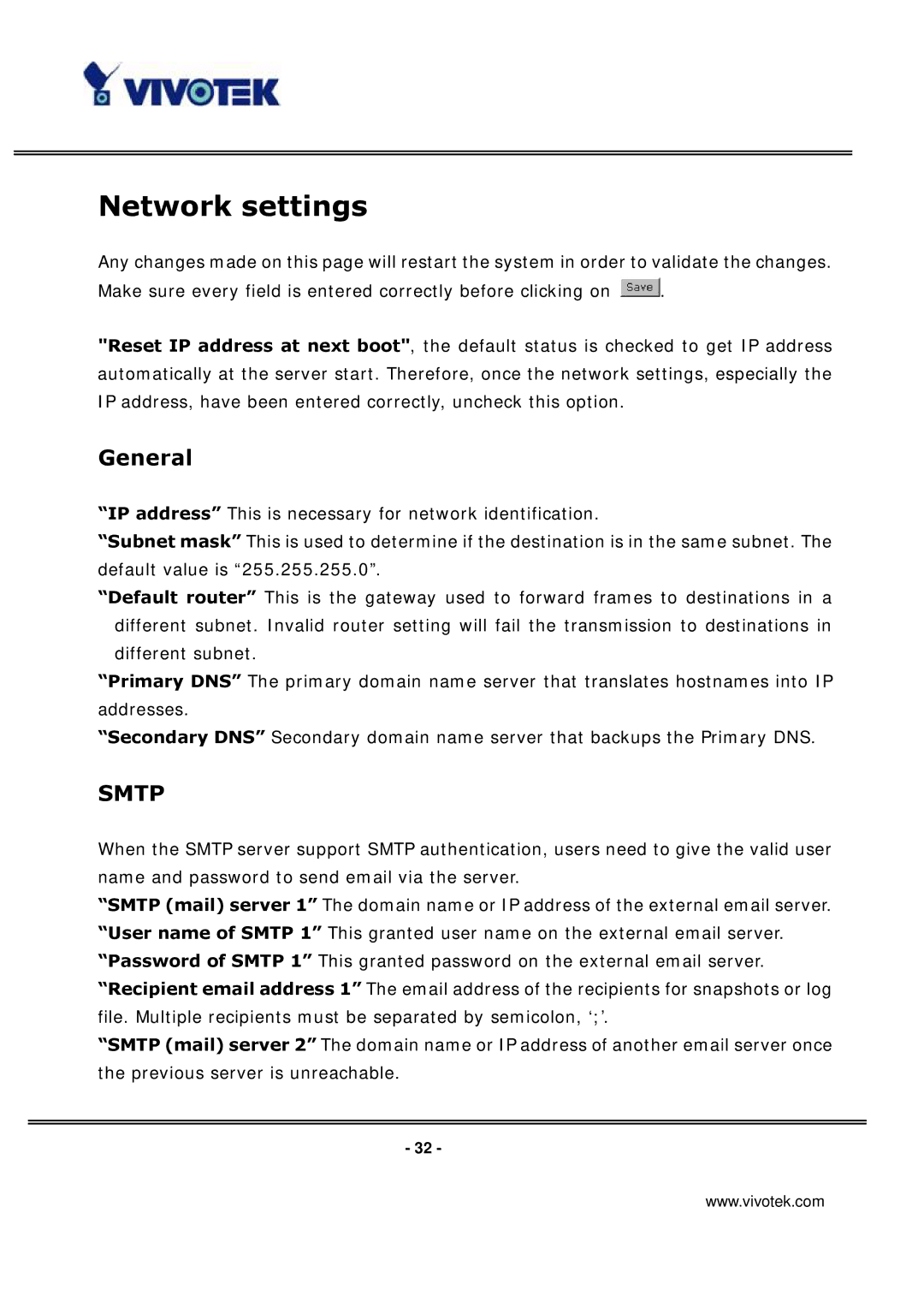 Vivotek IP3135 manual Network settings, General 