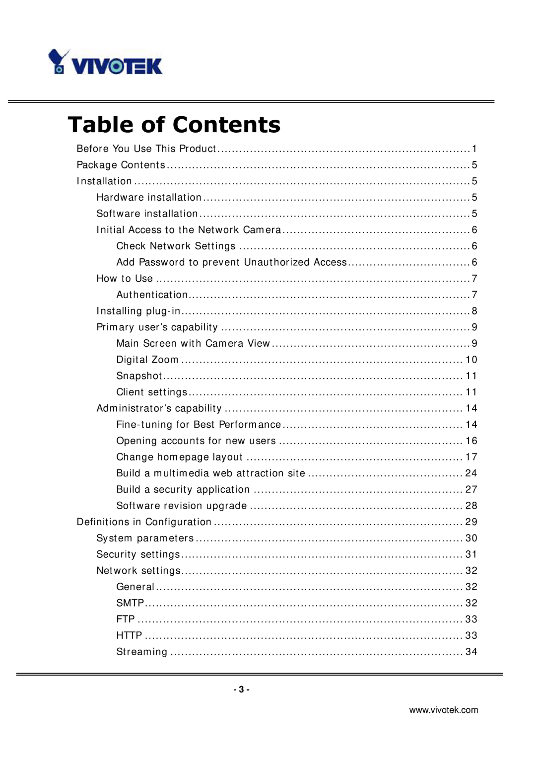 Vivotek IP3135 manual Table of Contents 