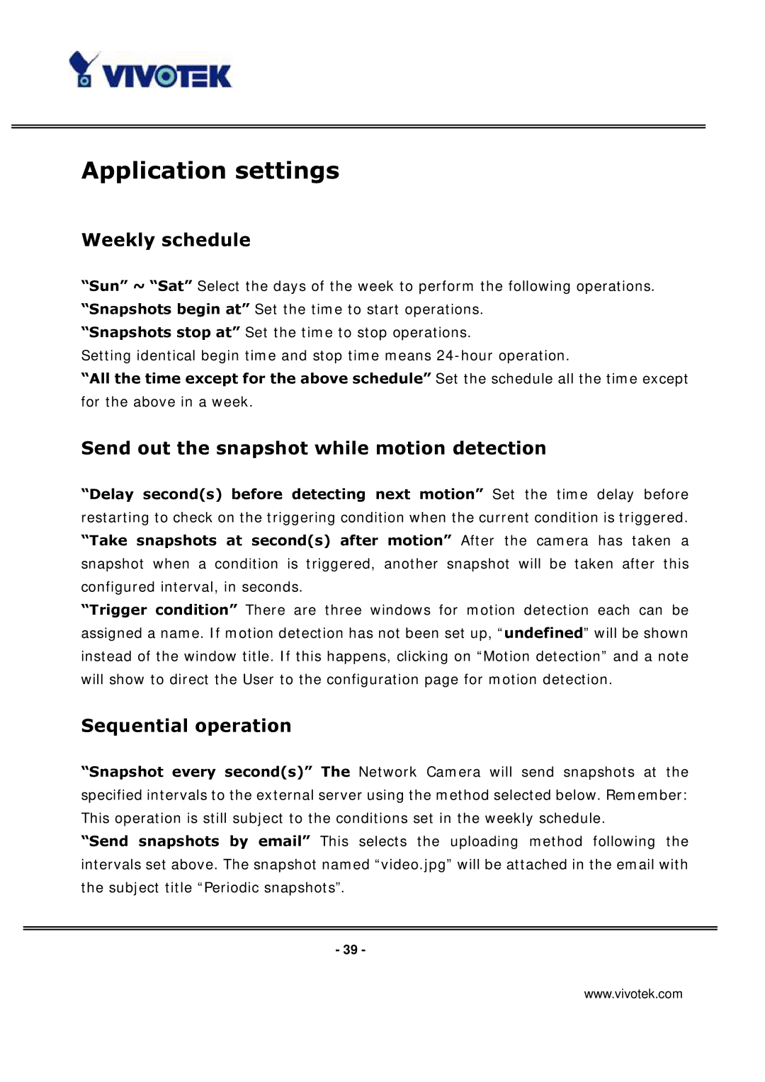 Vivotek IP3135 Application settings, Weekly schedule, Send out the snapshot while motion detection, Sequential operation 