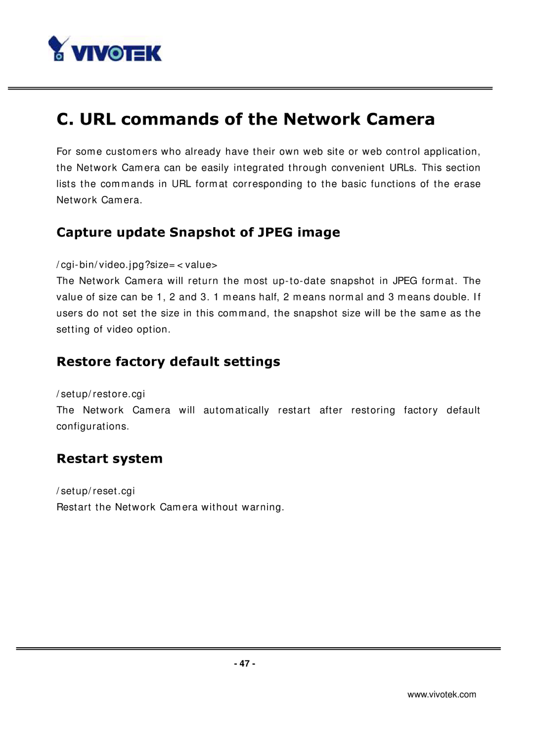 Vivotek IP3135 URL commands of the Network Camera, Capture update Snapshot of Jpeg image, Restore factory default settings 