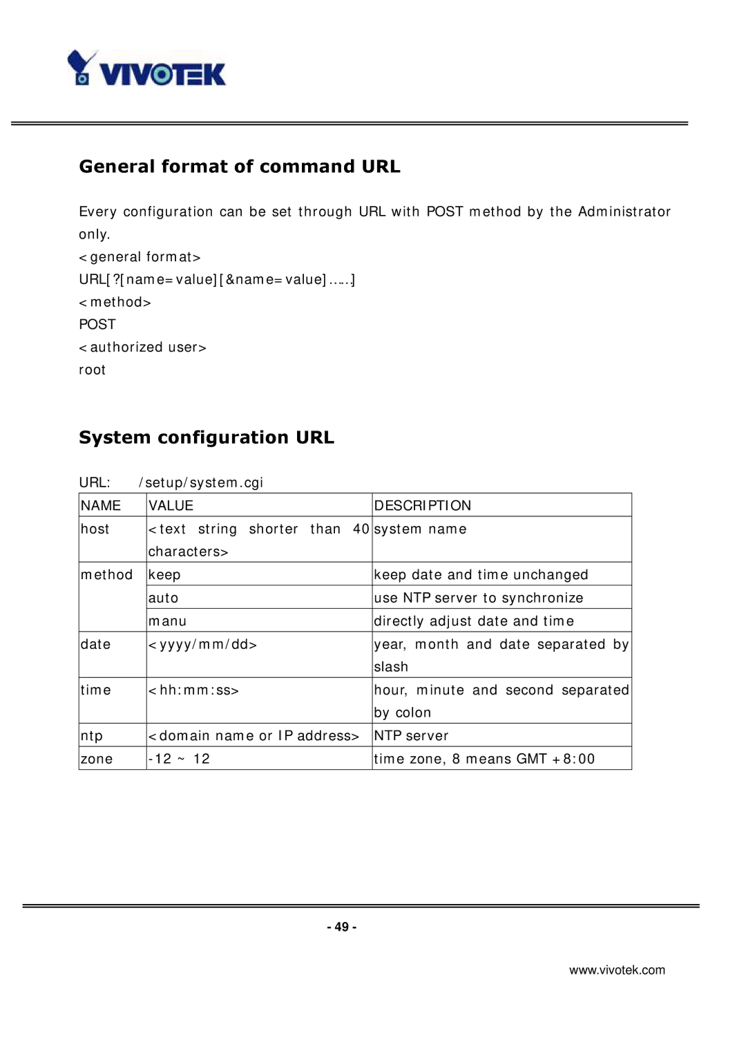 Vivotek IP3135 manual General format of command URL, System configuration URL 