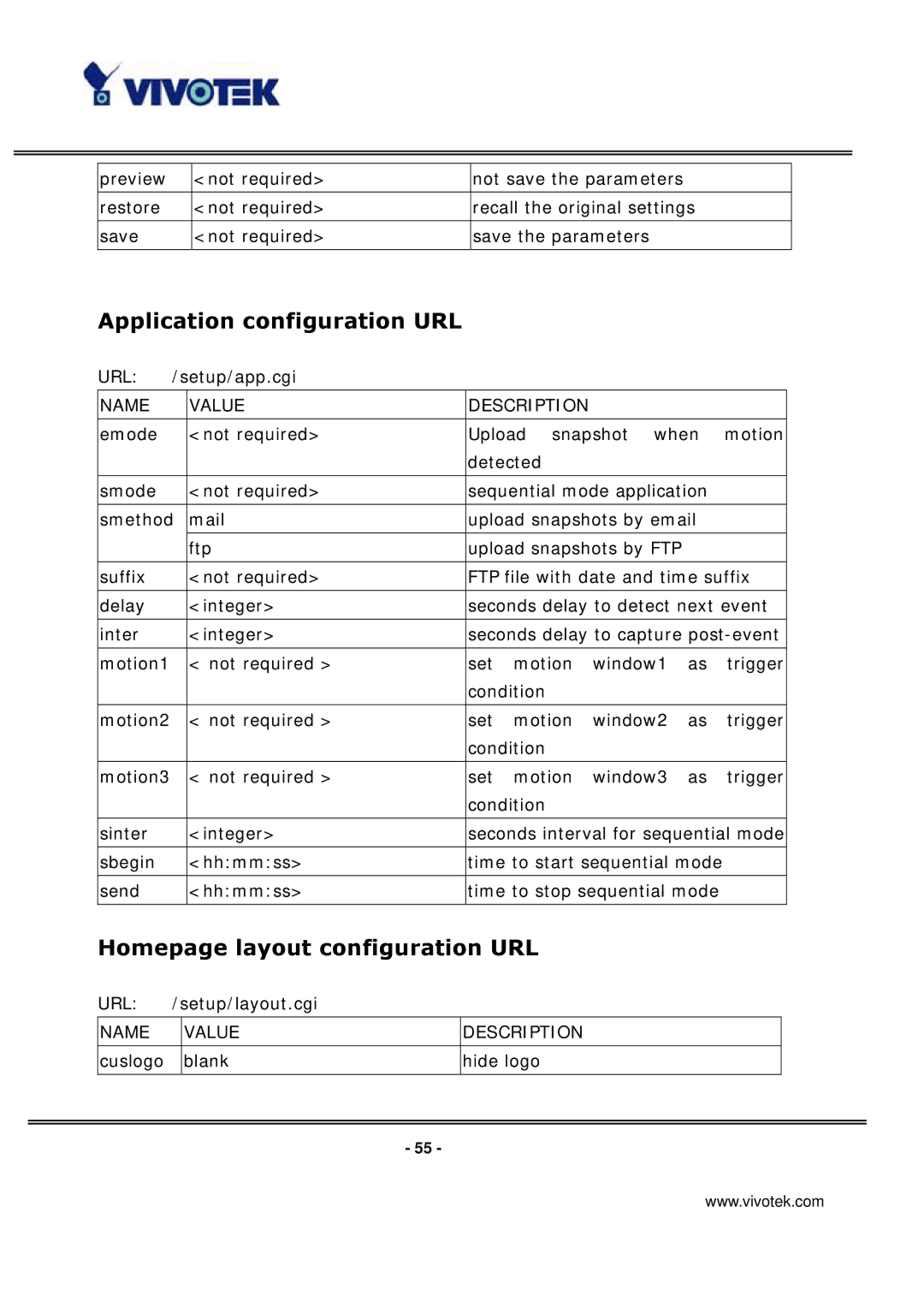 Vivotek IP3135 manual Application configuration URL, Homepage layout configuration URL 