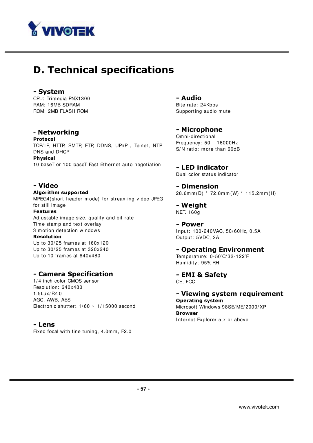 Vivotek IP3135 manual Technical specifications, Networking 