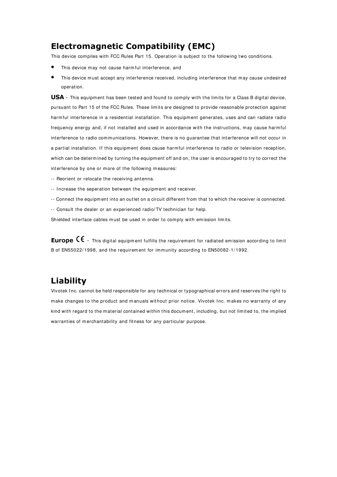 Vivotek IP3135 manual Electromagnetic Compatibility EMC, Liability 