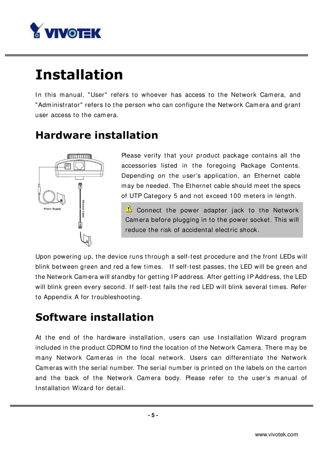 Vivotek IP3135 manual Hardware installation, Software installation 