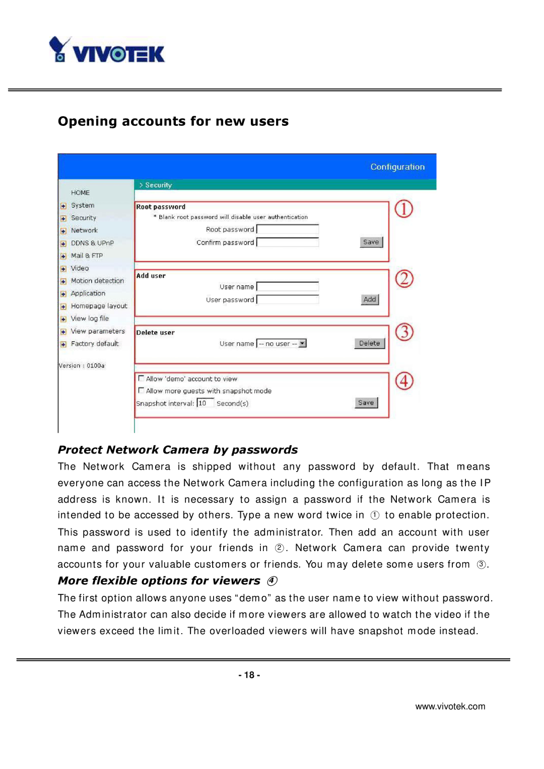 Vivotek IP3136 manual Opening accounts for new users, Protect Network Camera by passwords 