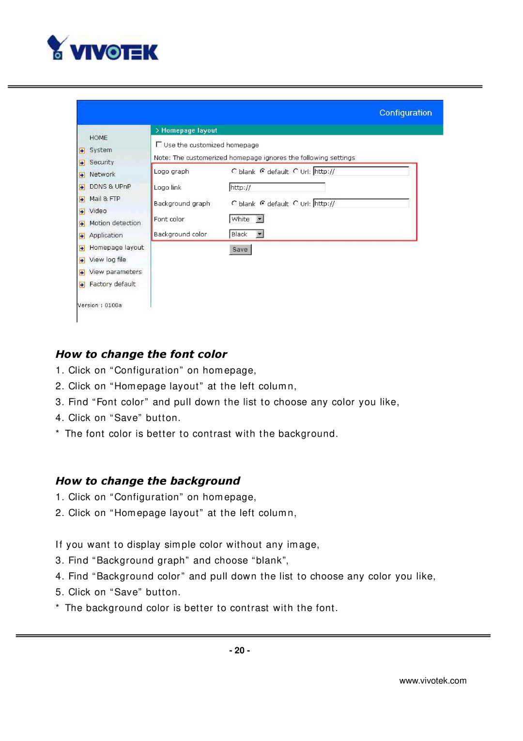 Vivotek IP3136 manual How to change the font color 