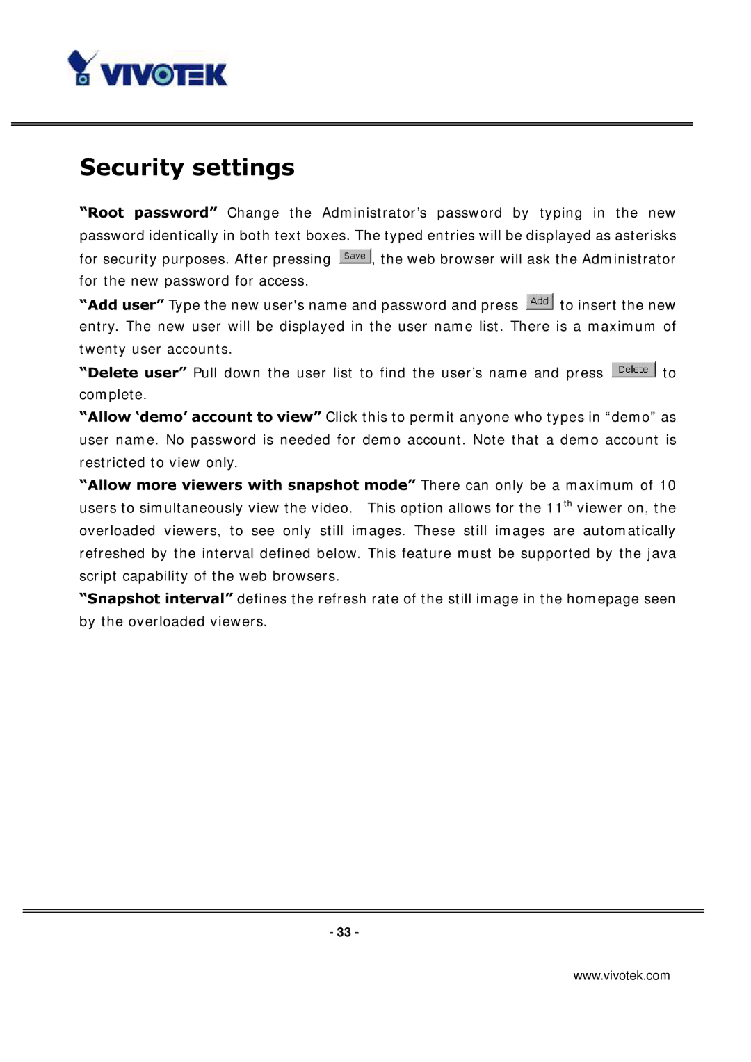 Vivotek IP3136 manual Security settings 