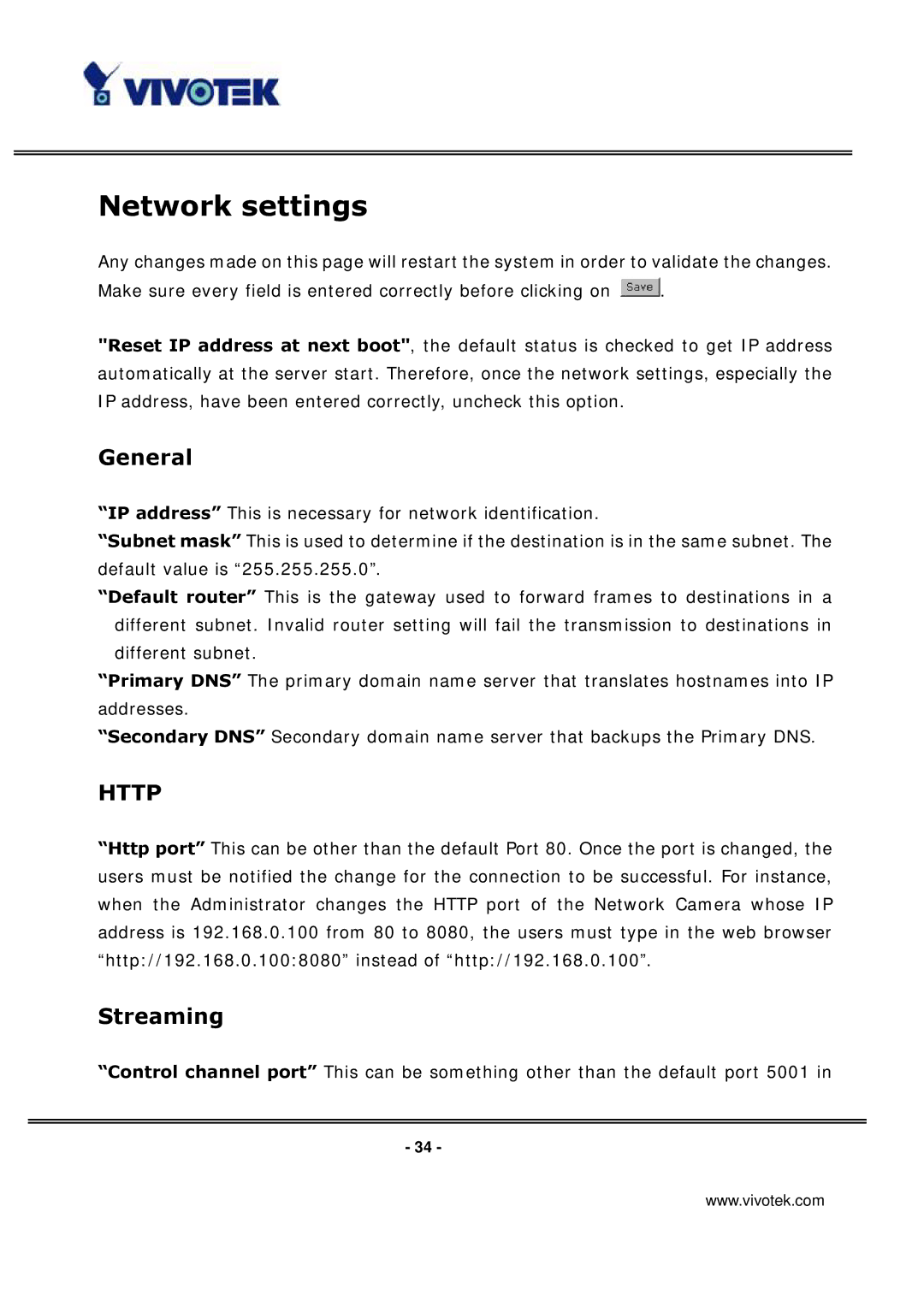 Vivotek IP3136 manual Network settings, General, Streaming 