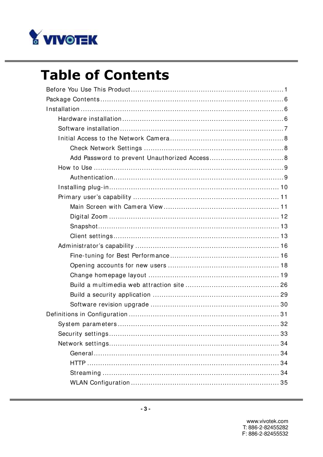 Vivotek IP3136 manual Table of Contents 