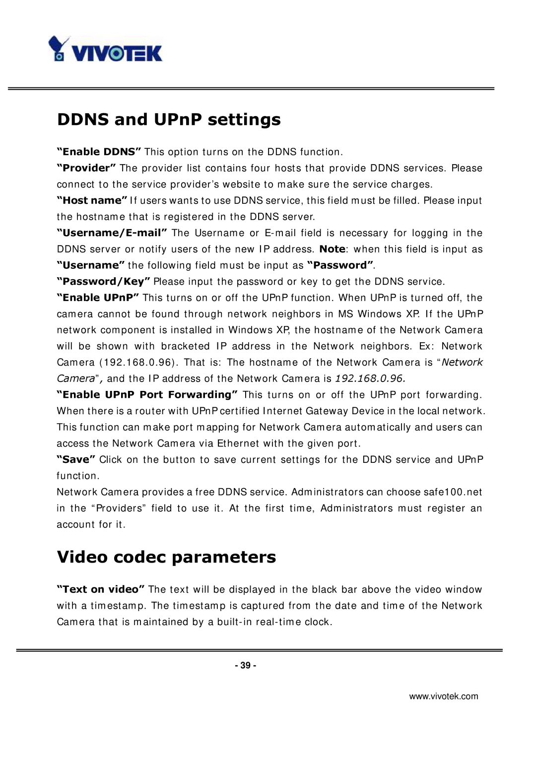 Vivotek IP3136 manual Ddns and UPnP settings, Video codec parameters 