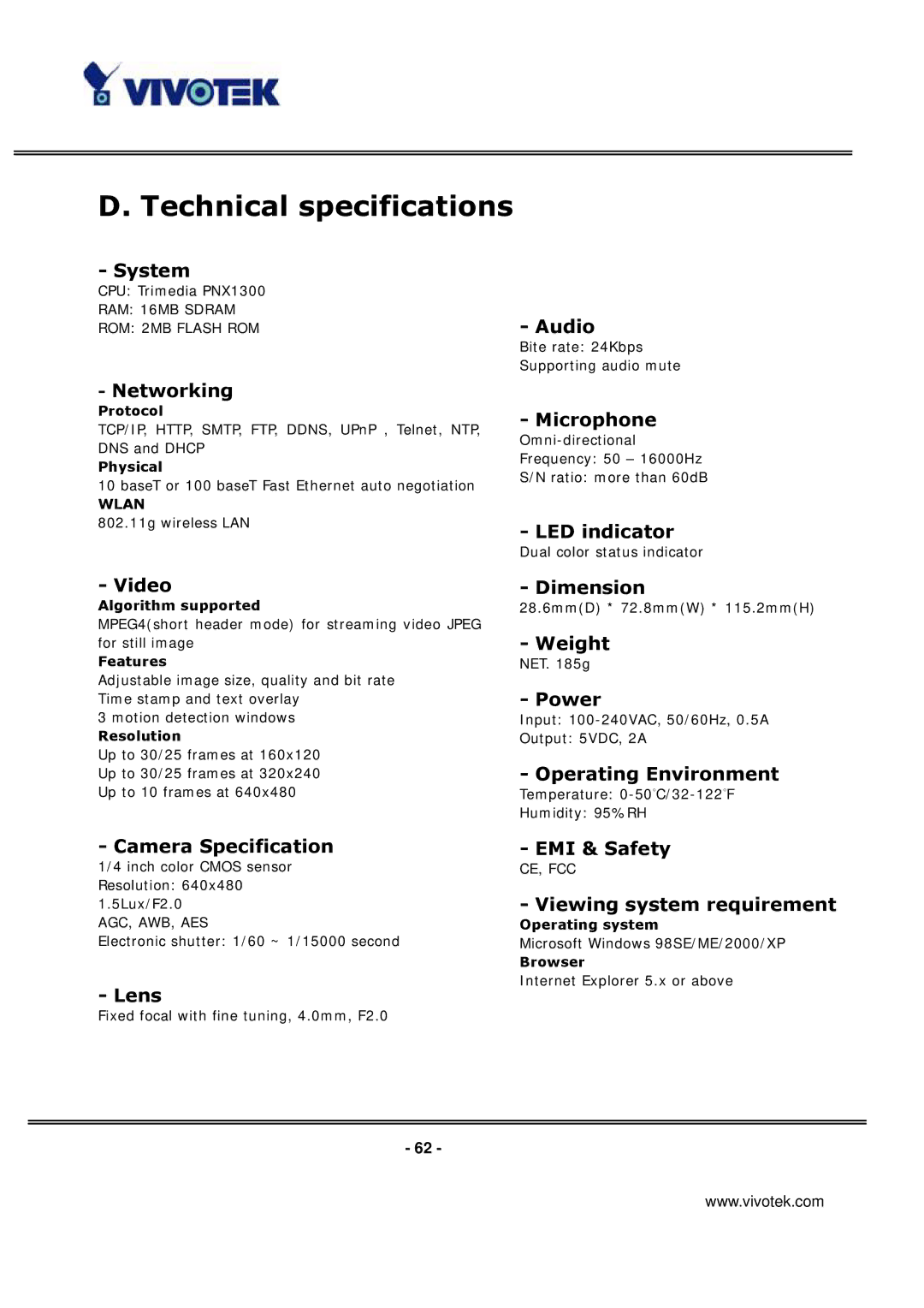 Vivotek IP3136 manual Technical specifications, Networking 