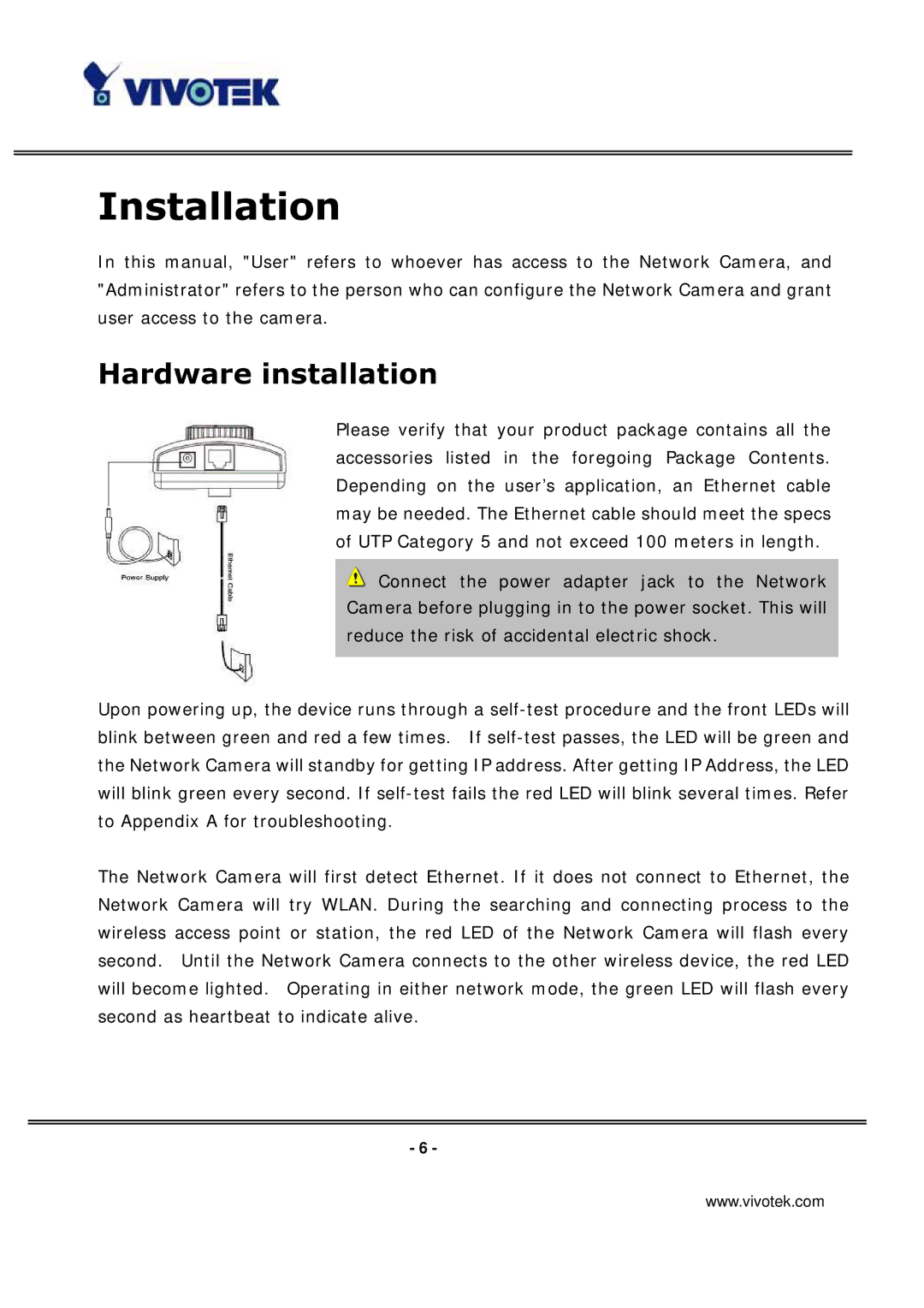 Vivotek IP3136 manual Installation, Hardware installation 