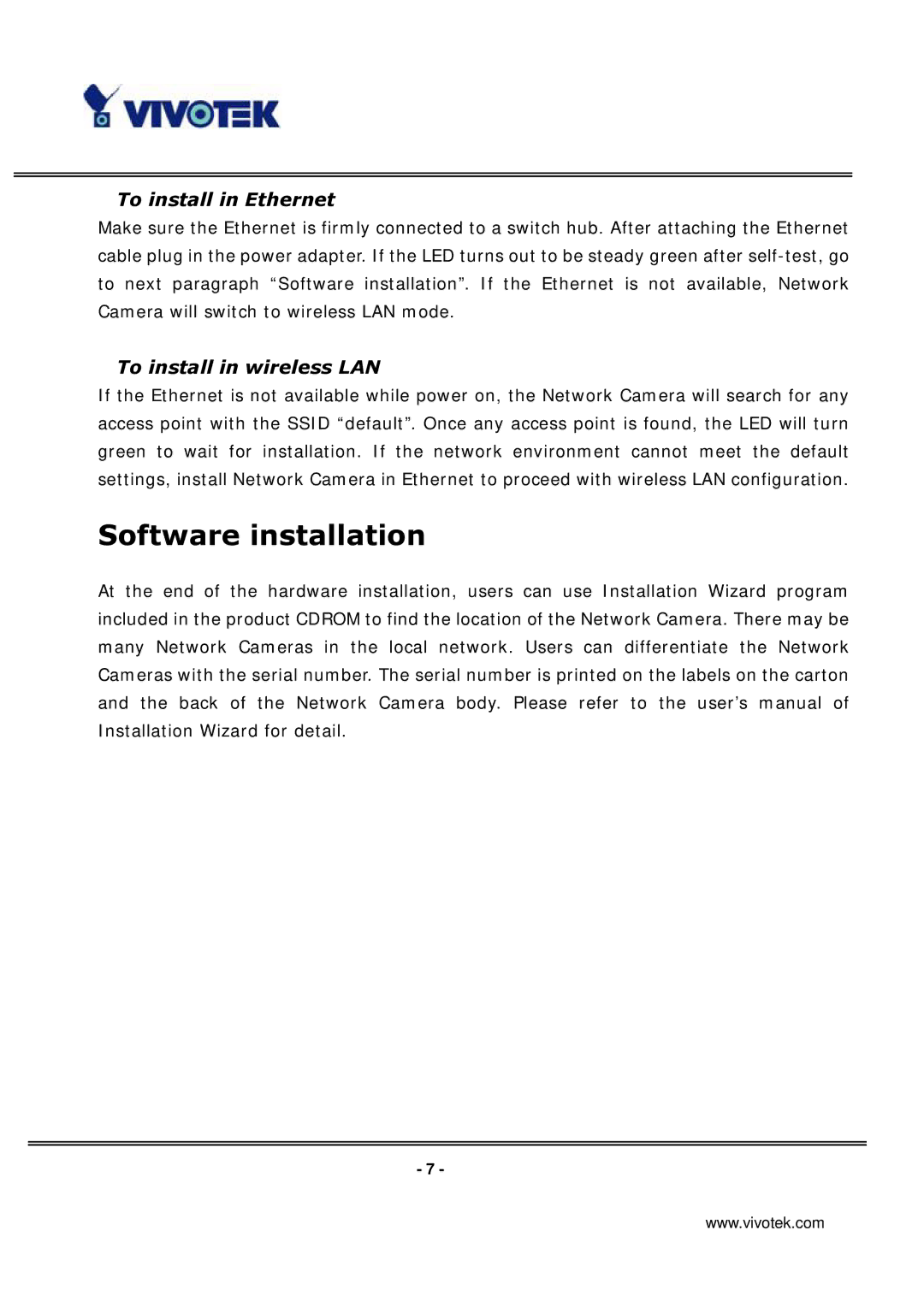 Vivotek IP3136 manual Software installation, To install in Ethernet 