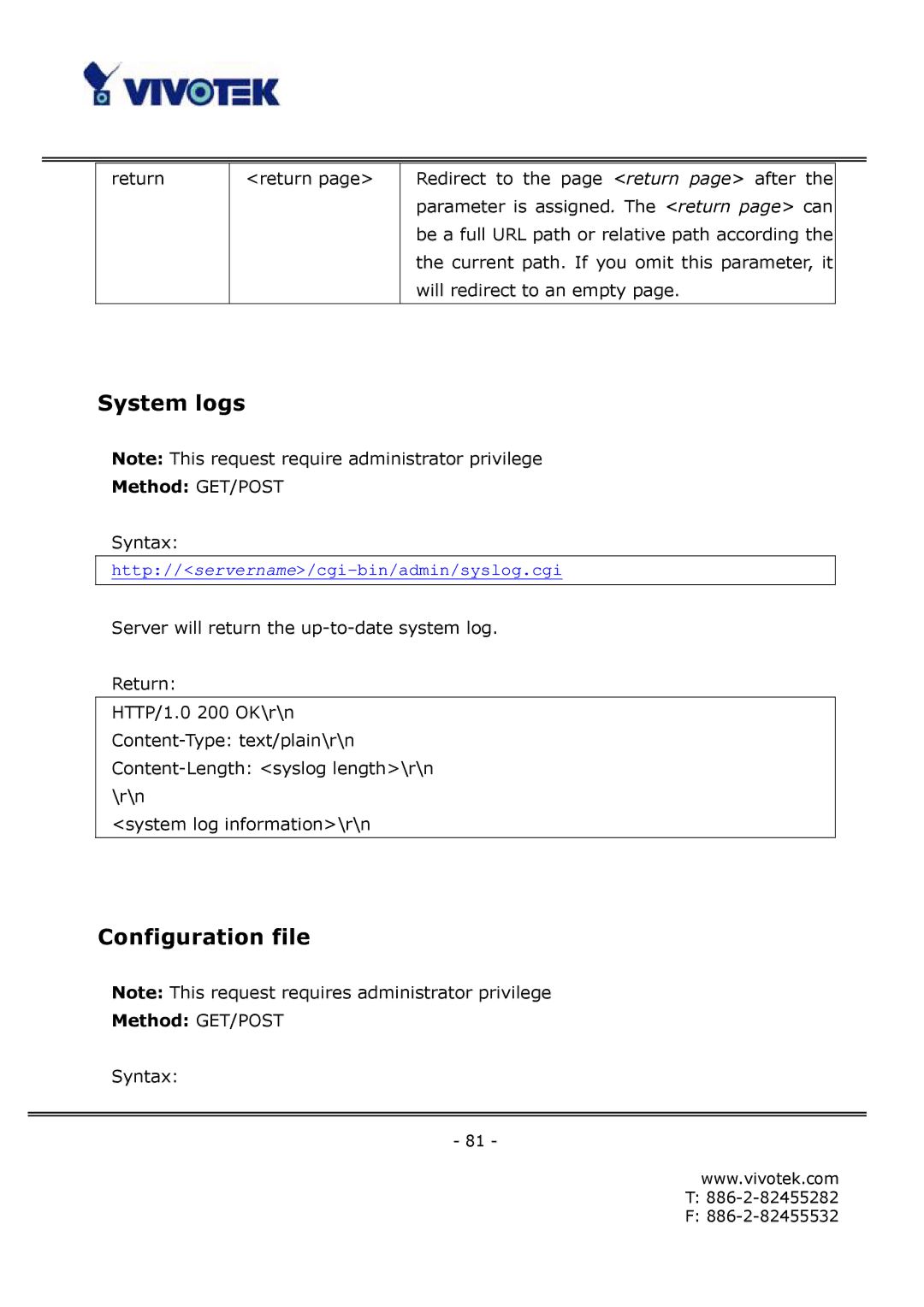 Vivotek IP6112, IP6122 manual System logs, Configuration file 