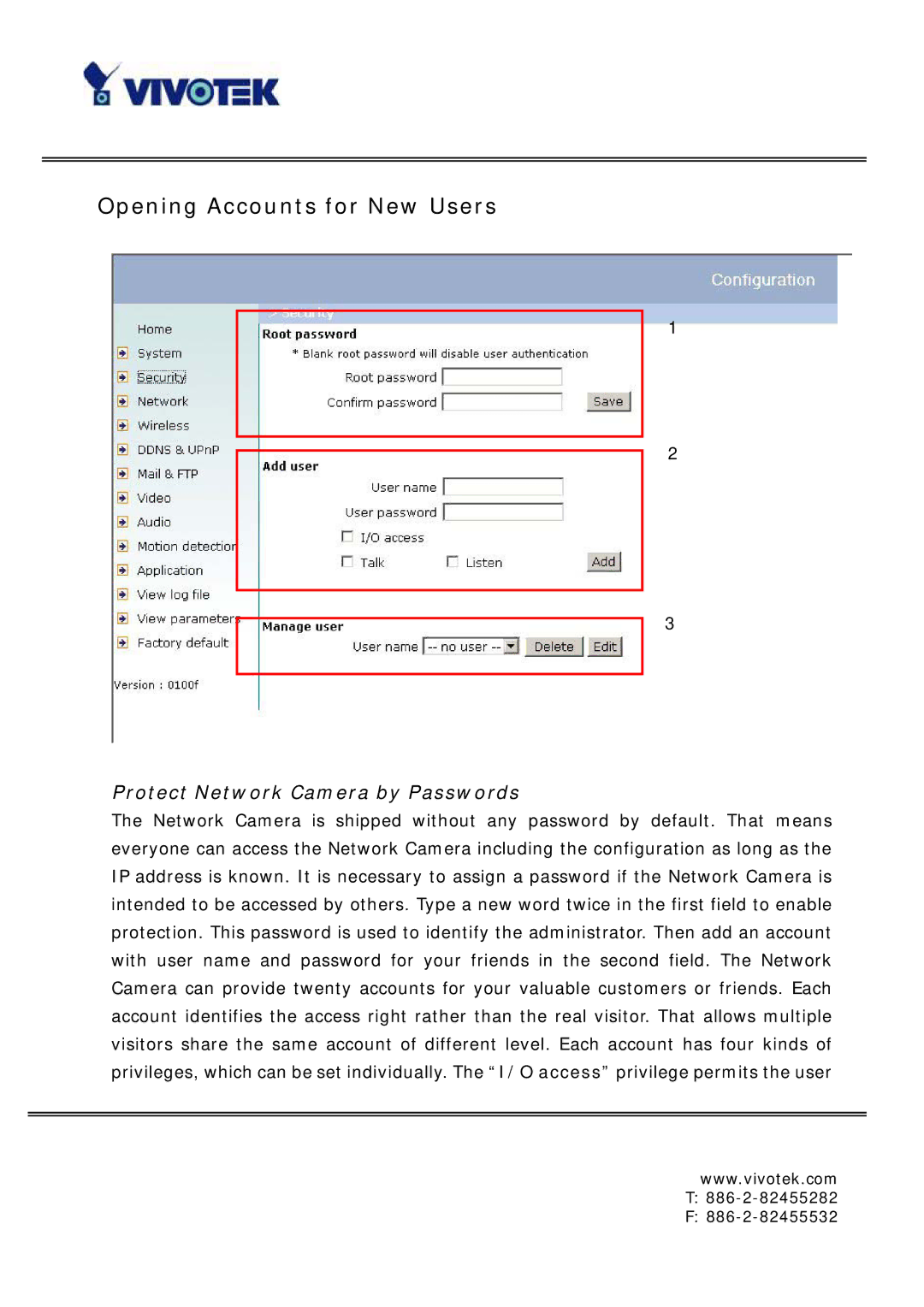 Vivotek IP6127, IP6117 manual Opening Accounts for New Users, Protect Network Camera by Passwords 