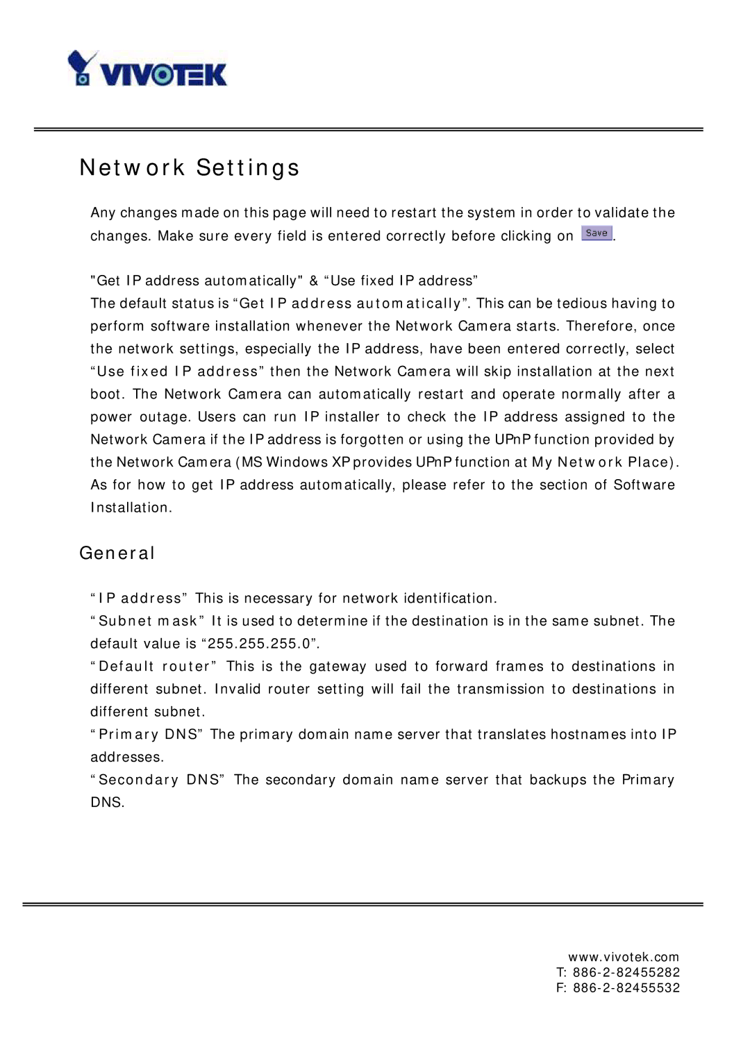 Vivotek IP6117, IP6127 manual Network Settings, General 