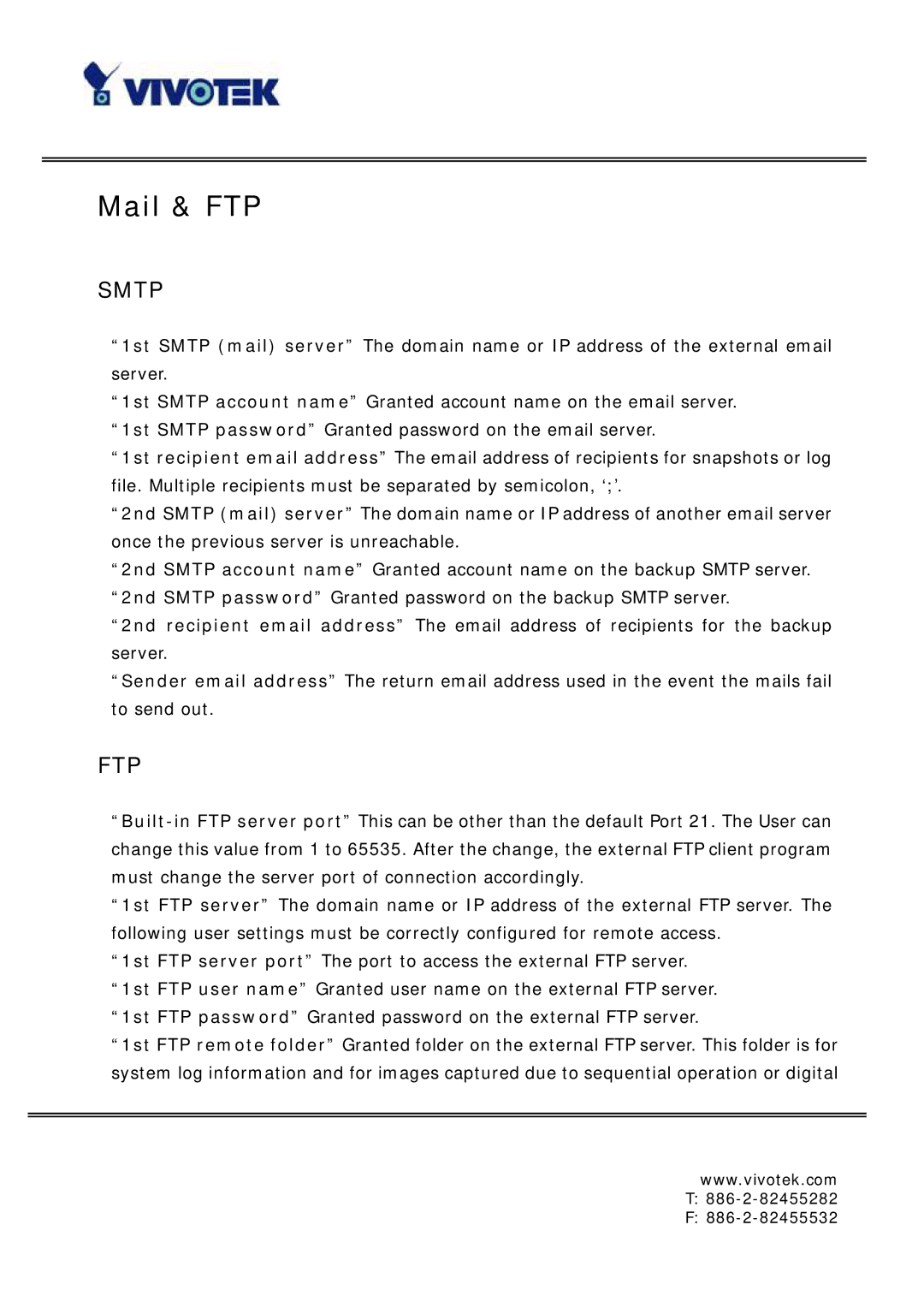 Vivotek IP6127, IP6117 manual Mail & FTP, Smtp 