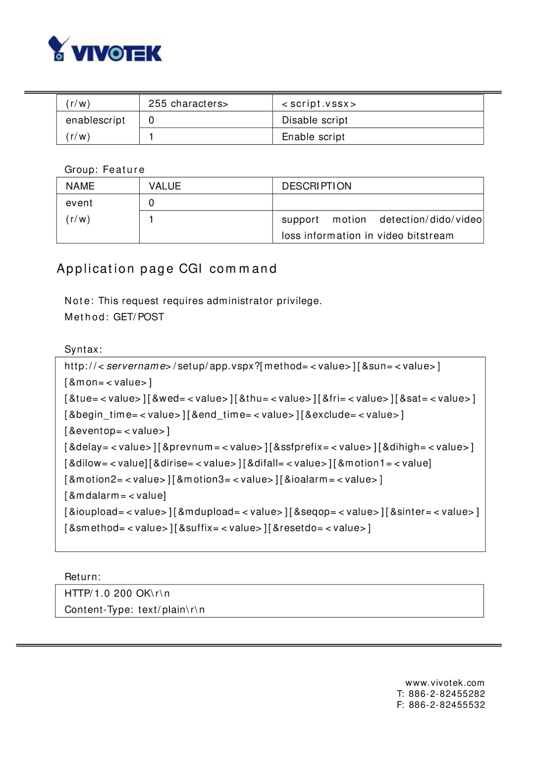 Vivotek IP6117, IP6127 manual Application page CGI command, Script.vssx 