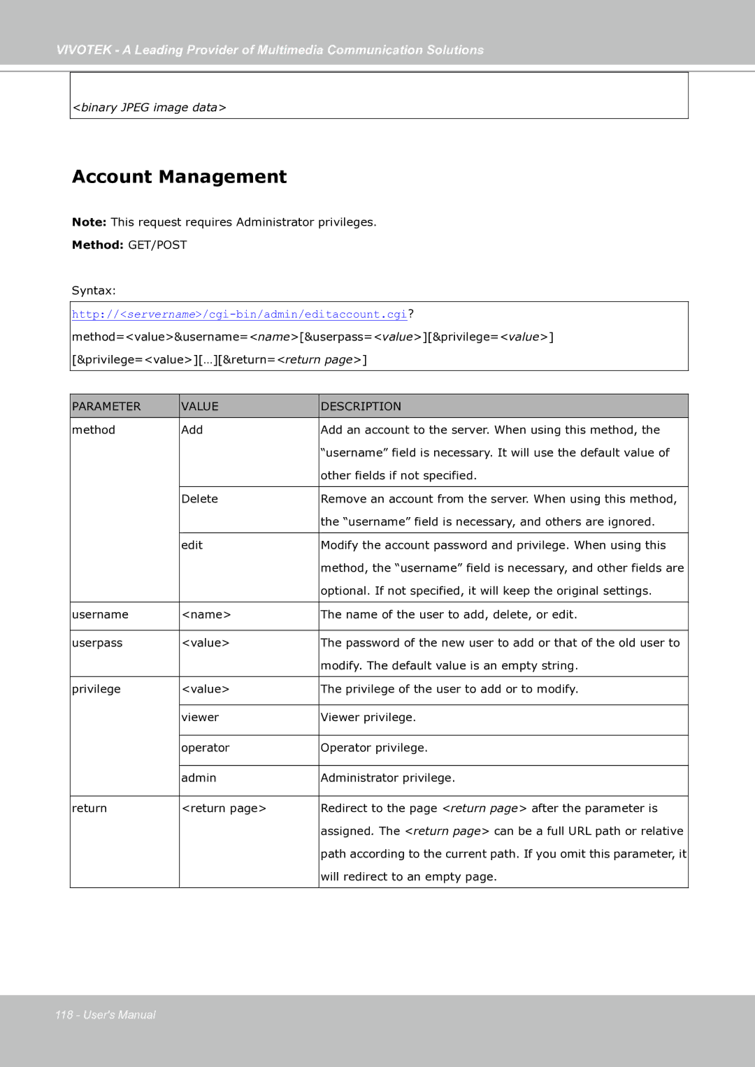 Vivotek IP7130 manual Account Management 