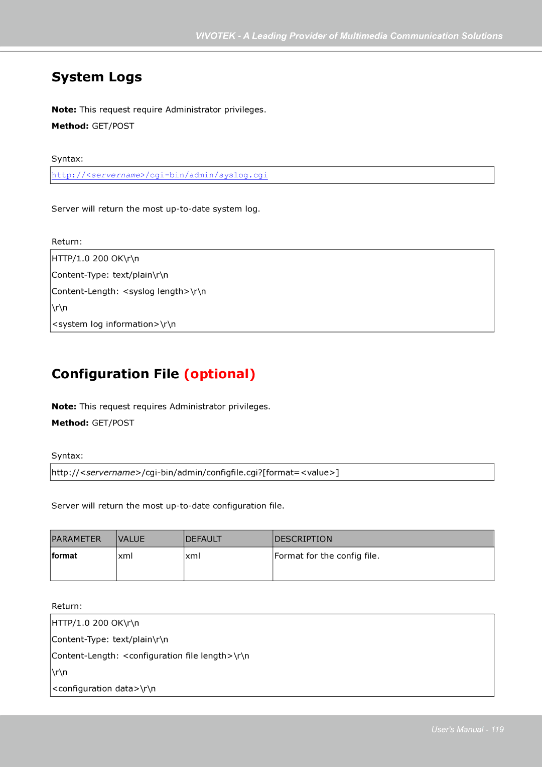 Vivotek IP7130 manual System Logs, Configuration File optional 