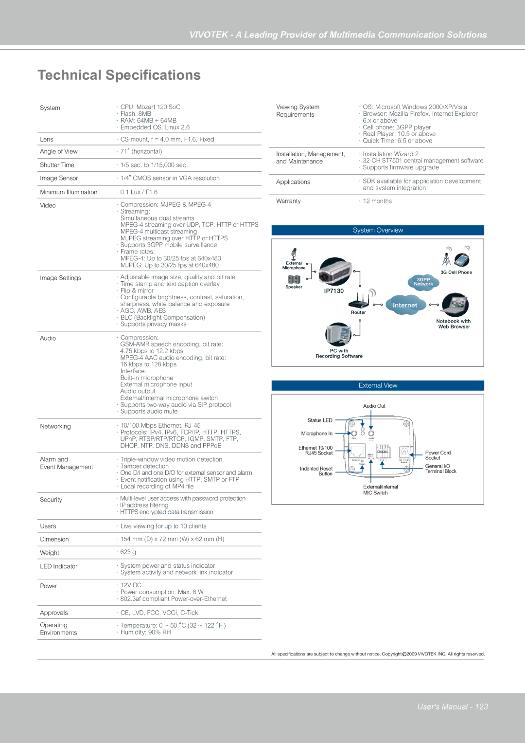 Vivotek IP7130 manual Technical Specifications, ．Agc, Awb, Aes 