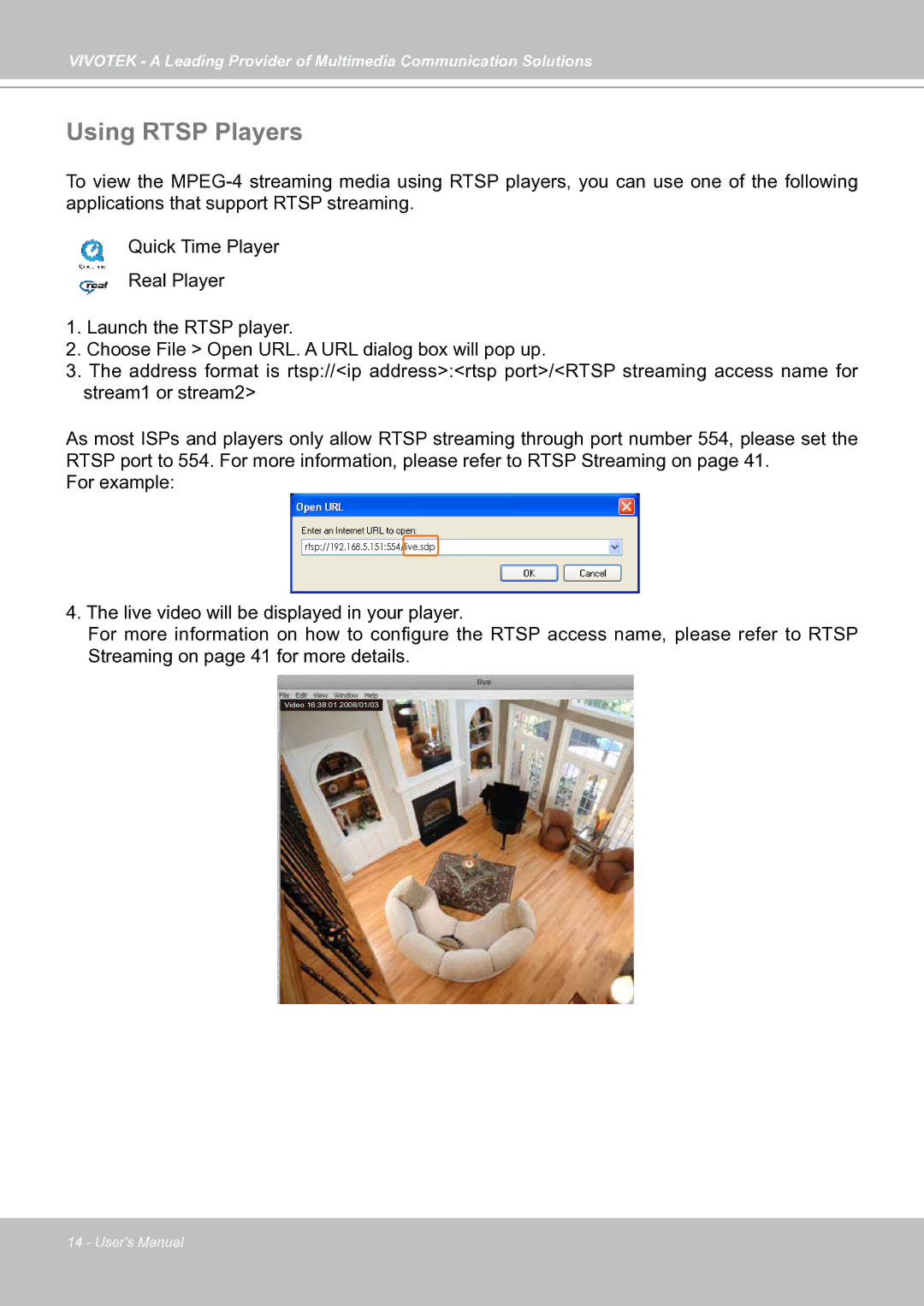 Vivotek IP7130 manual Using Rtsp Players 