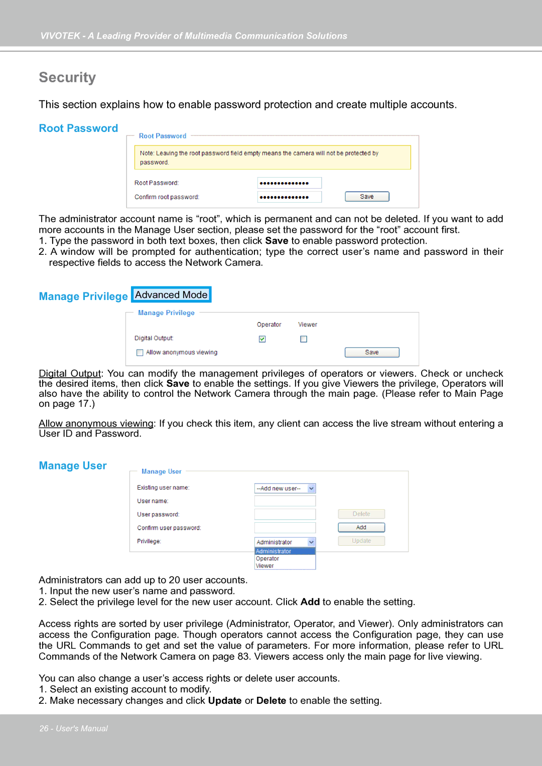 Vivotek IP7130 manual Security, Root Password, Manage Privilege, Manage User 