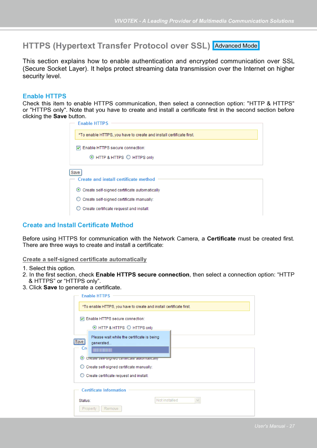 Vivotek IP7130 manual Https Hypertext Transfer Protocol over SSL, Enable Https, Create and Install Certificate Method 